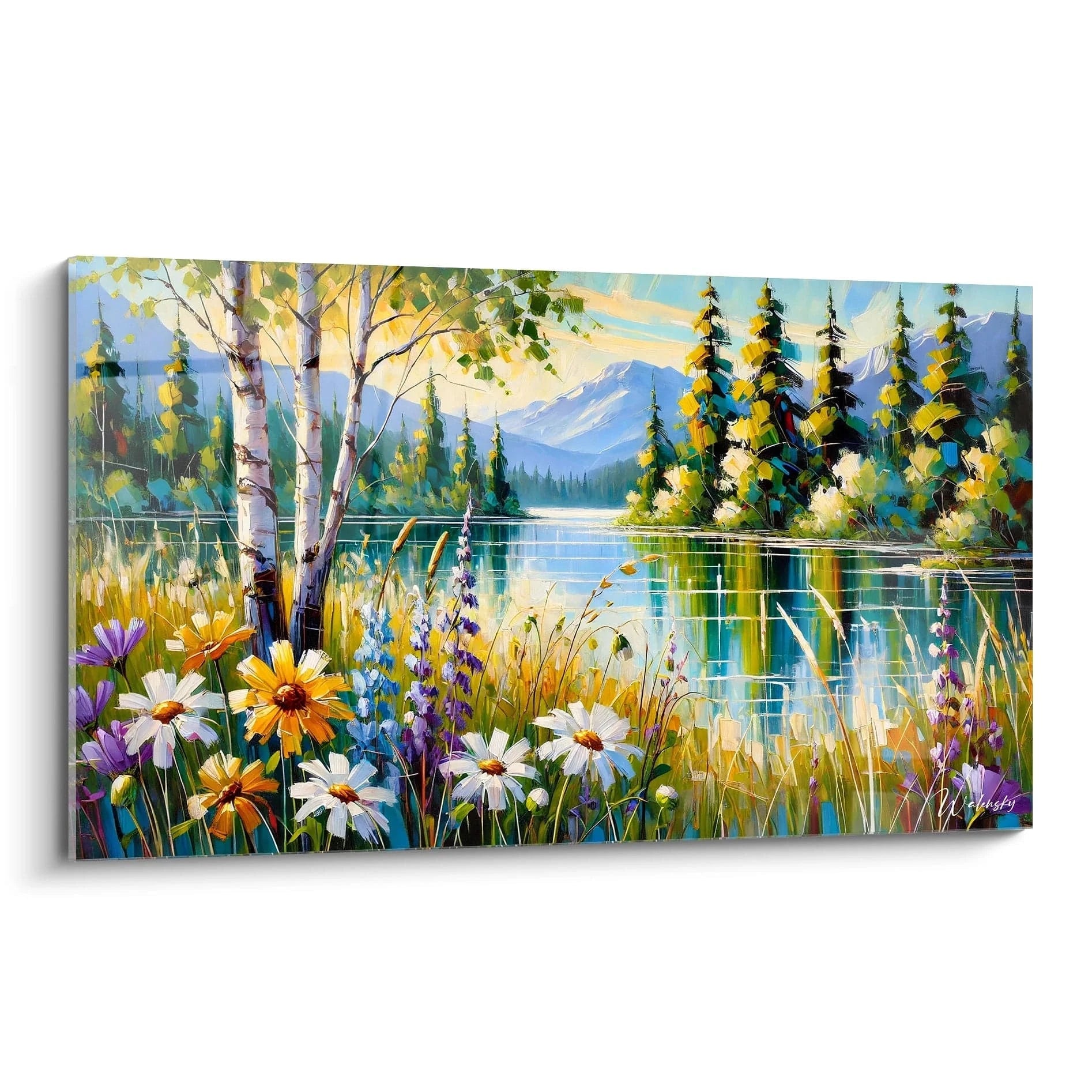 tableau scene naturelle vue de biais capture la serenite d un lac entoure de montagnes ce tableau paysage inspire calme et evasion ideal pour un interieur apaisant

