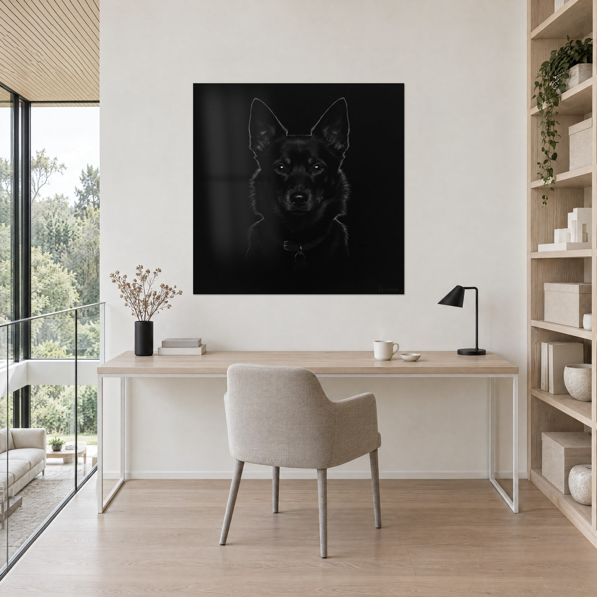 Schilderij Schipperke met houtskoolkleurige vacht, haren benadrukt in wit, strakke blik, op een beige muur boven een bureau van licht hout
