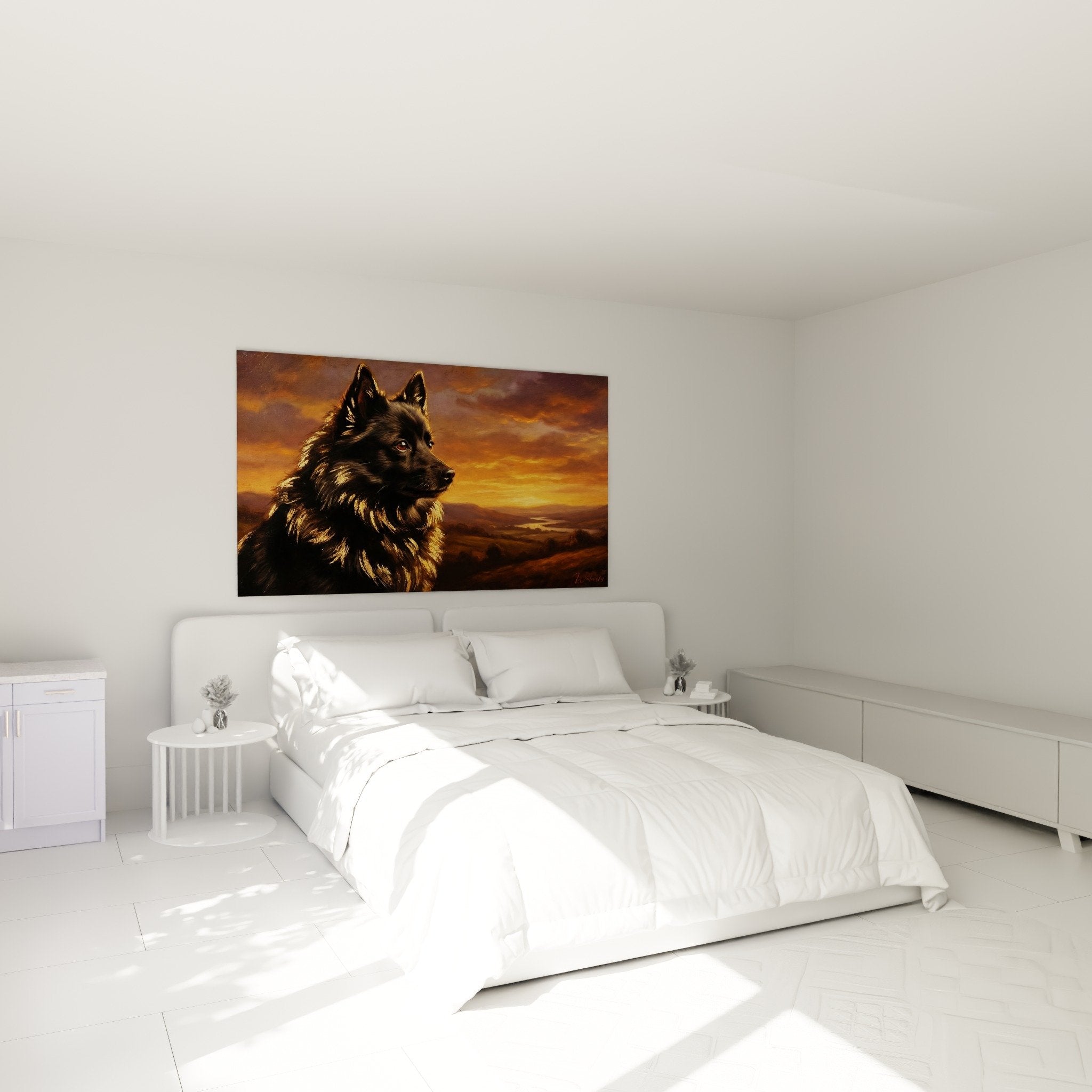 Tableau Schipperke contemplatif coucher soleil installé dans chambre décoration murale chaleureuse