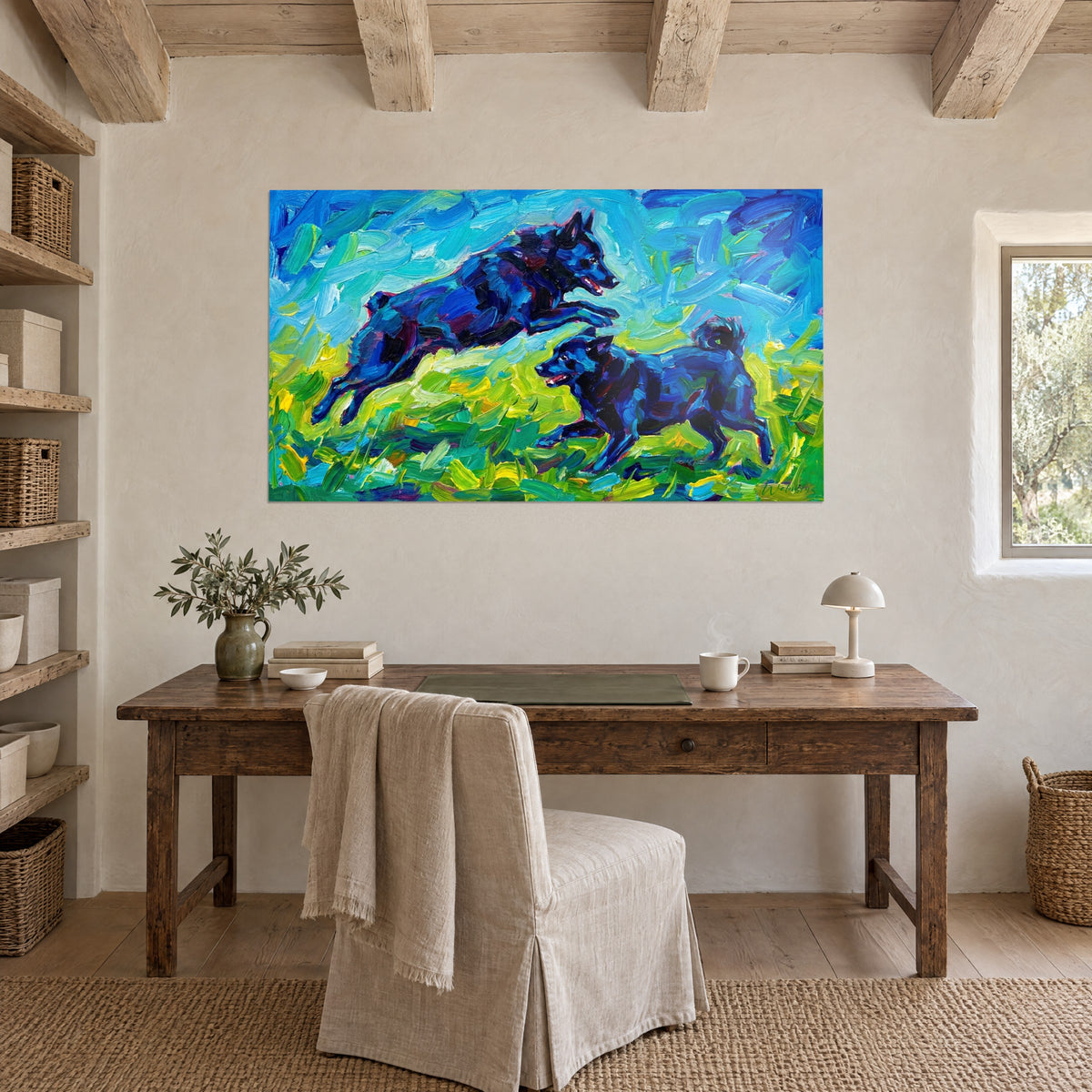 Wall art of a Schipperke and its companion on the run, azure and acid-green brushstrokes, raw wood desk beneath beams
