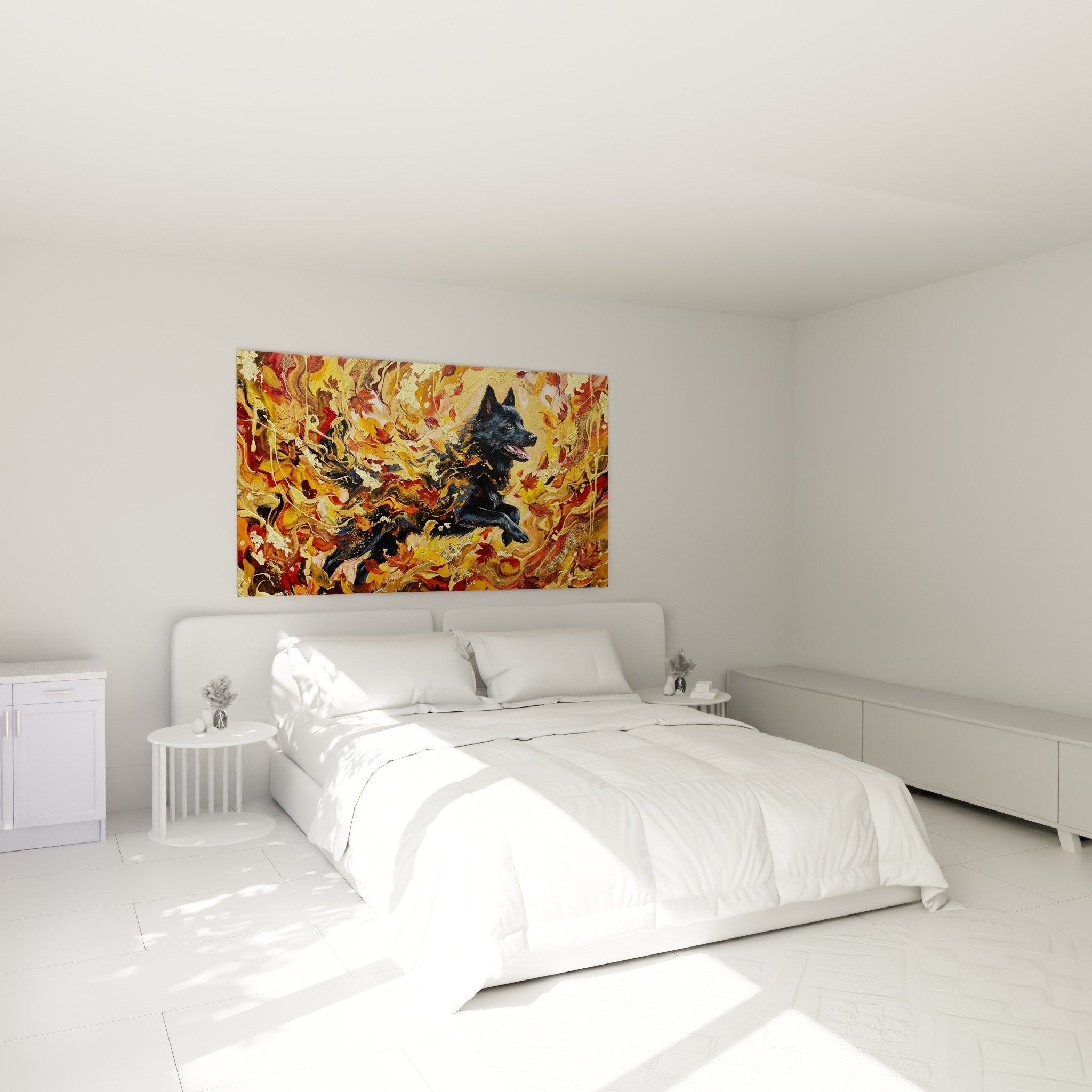 Tableau Schipperke flammes dorées decoration chambre ambiance chaleureuse art mural