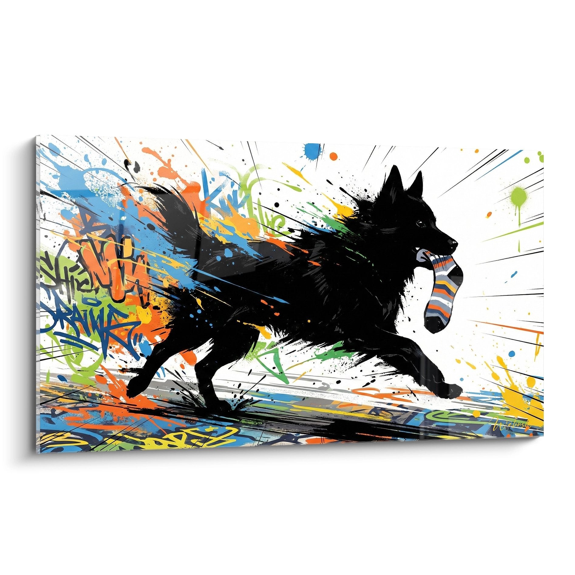 Tableau schipperke noir en mouvement avec chaussette dans un explosion de graffitis bleus oranges verts