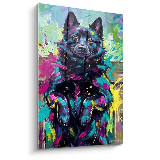 Tableau moderne Schipperke aux couleurs vives avec projections artistiques fuschia turquoise jaune sur toile