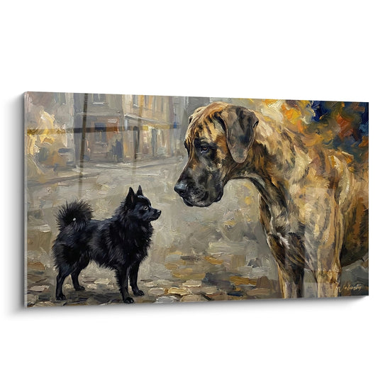 black schipperke and large brown dog on ancient cobblestones touching urban scene animal art