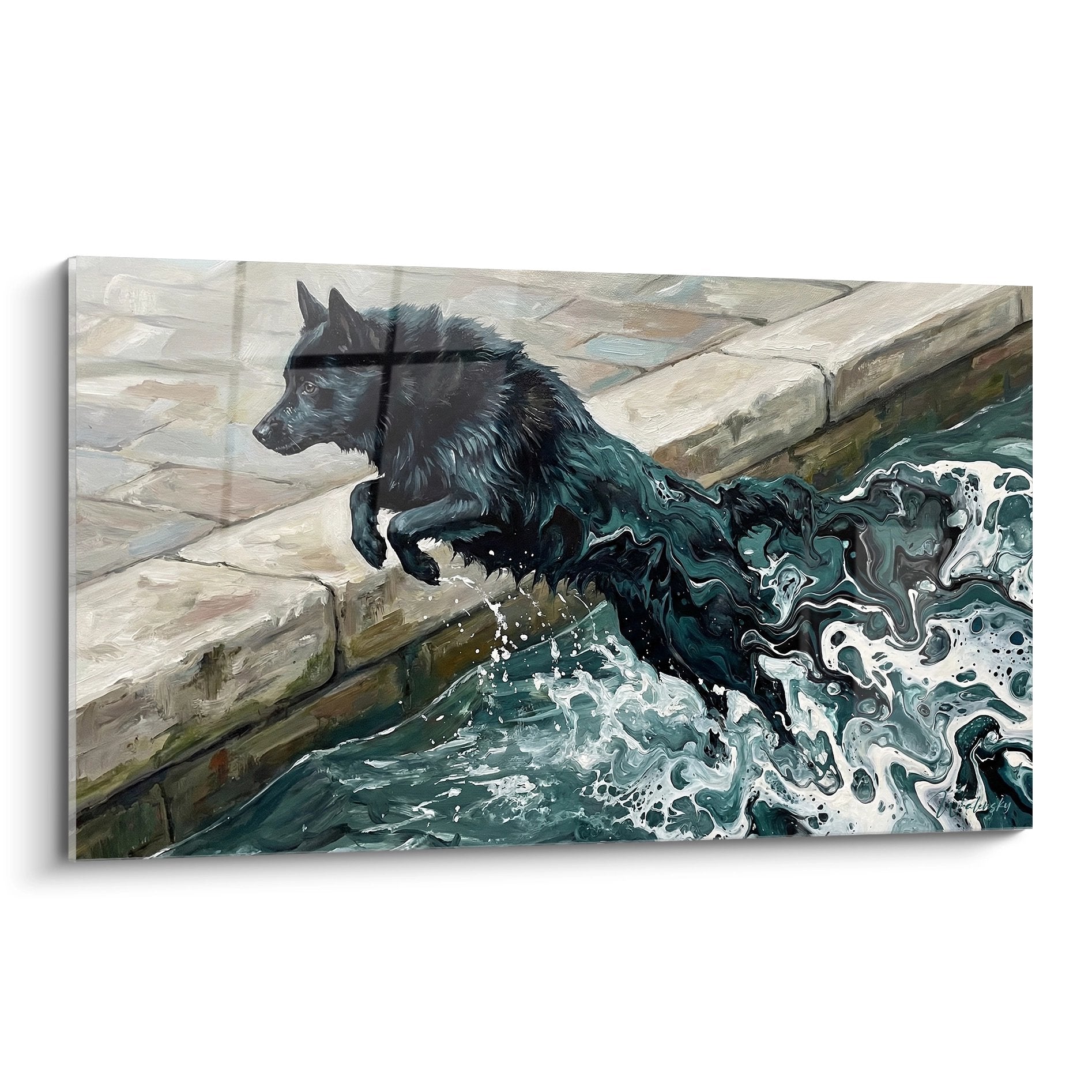 Tableau schipperke noir sautant dans eau turquoise avec eclaboussures blanches sur pierres beiges