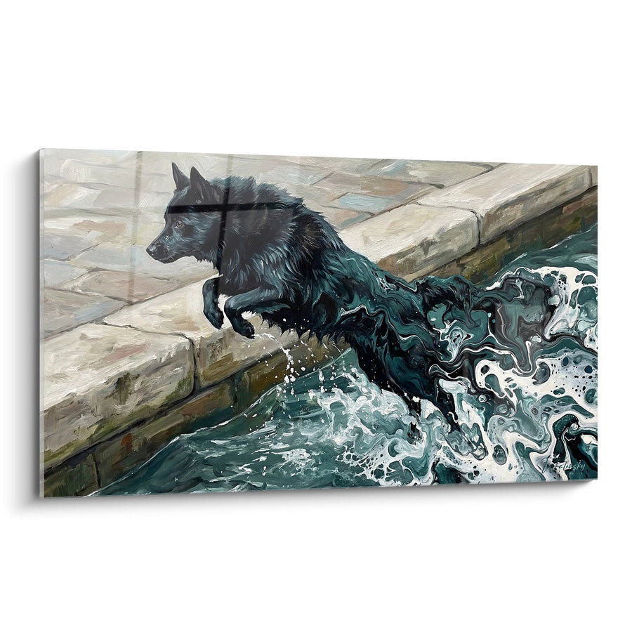 Tableau Schipperke Noir Sautant dans l'Eau avec Éclaboussures Blanches et Vertes - Mouvement Aquatique - Edition Schipperke