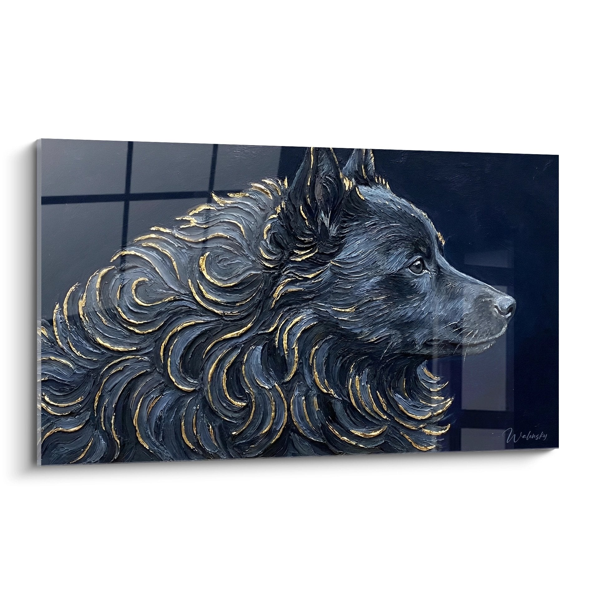 Portrait artistique schipperke pelage noir reflets dores profil contemplatif tableau mural