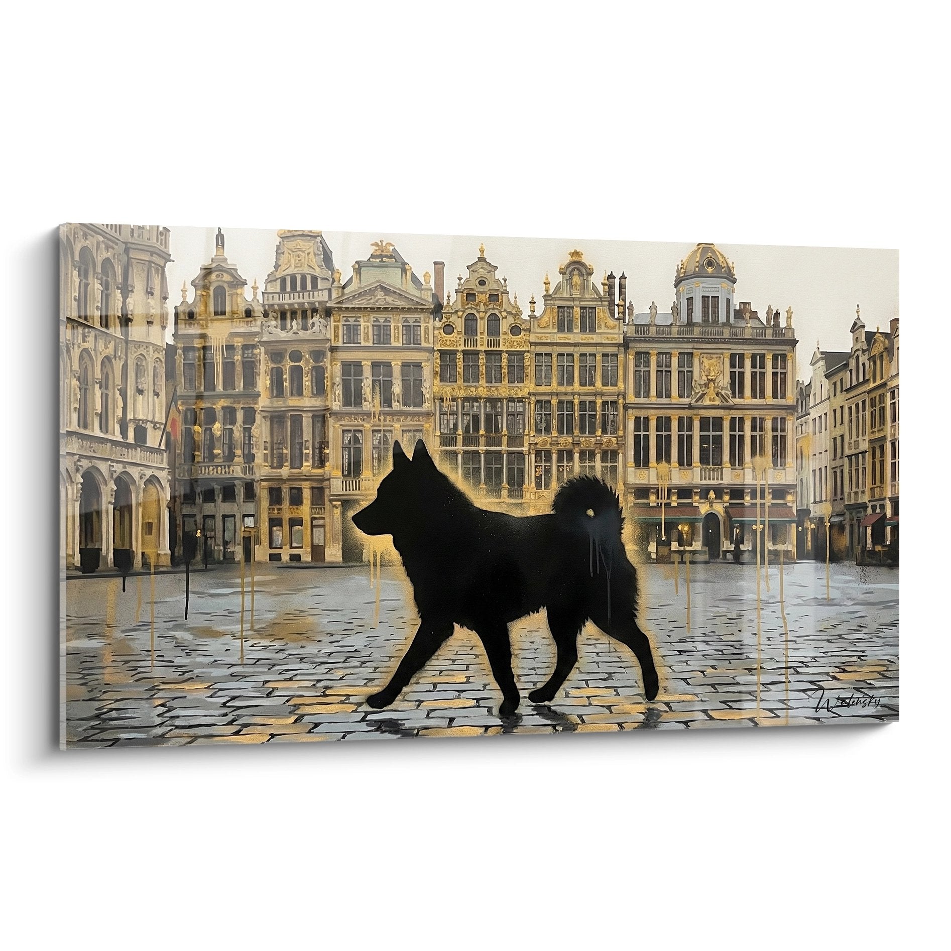 Tableau Schipperke silhouette noire place pavee reflets dores architecture flamande historique decoration murale