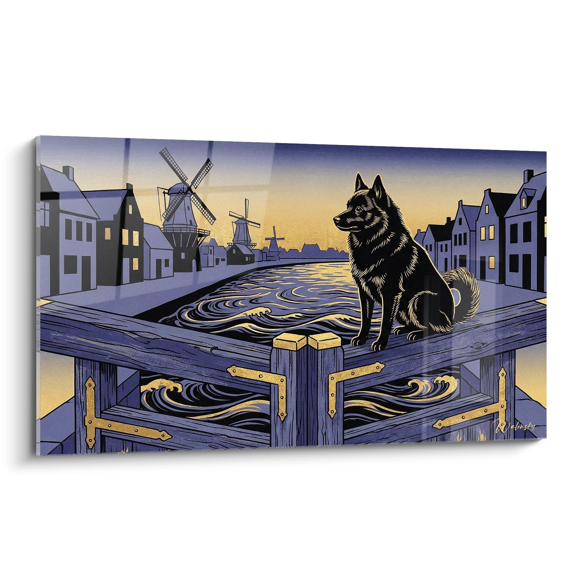 Tableau Schipperke noir assis sur pont bois face moulins hollandais crepuscule violet dore reflets eau