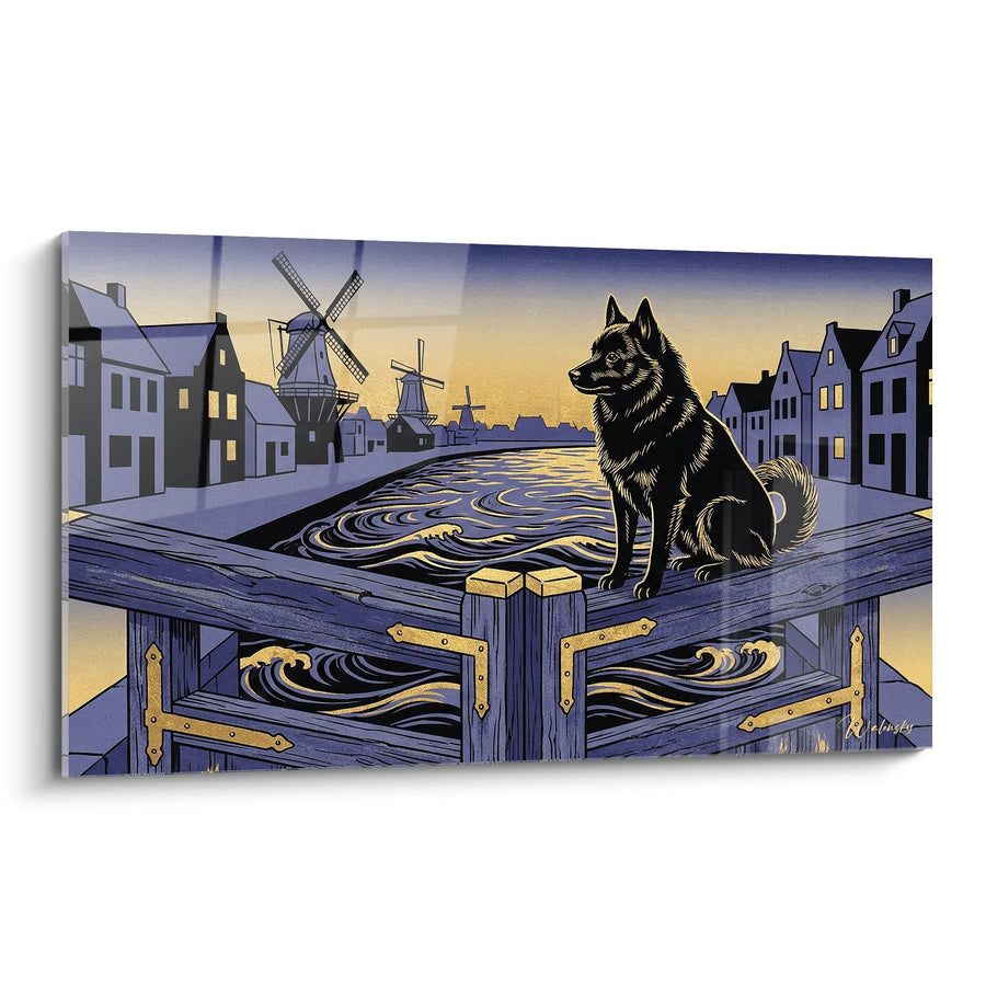 Tableau Chien Noir sur Pont de Bois avec Moulins Hollandais au Crépuscule - Gardien des Eaux - Edition Schipperke