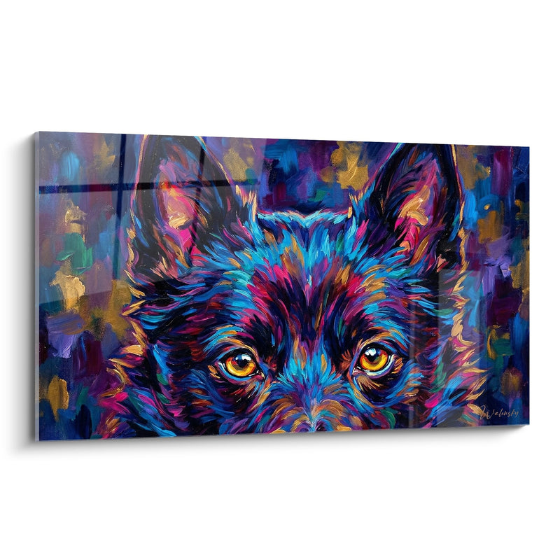 Hundegemälde mit elektrischen Farben Blau Violett Magenta - Hypnotischer Blick - Schipperke Edition