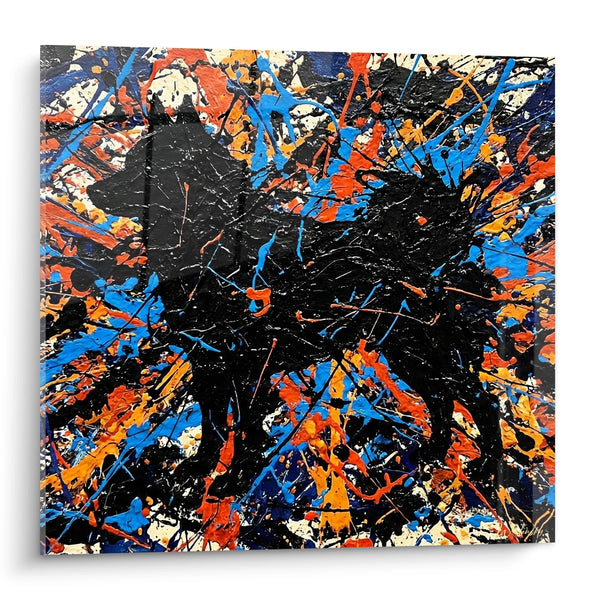 Cuadro de Schipperke en Silueta Negra sobre Fondo de Salpicaduras Azules y Naranja - Dinamismo Canino - Edición Schipperke