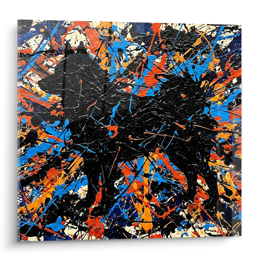 Tableau Schipperke en Silhouette Noire sur Fond Éclaboussures Bleues et Orange - Dynamisme Canin - Edition Schipperke