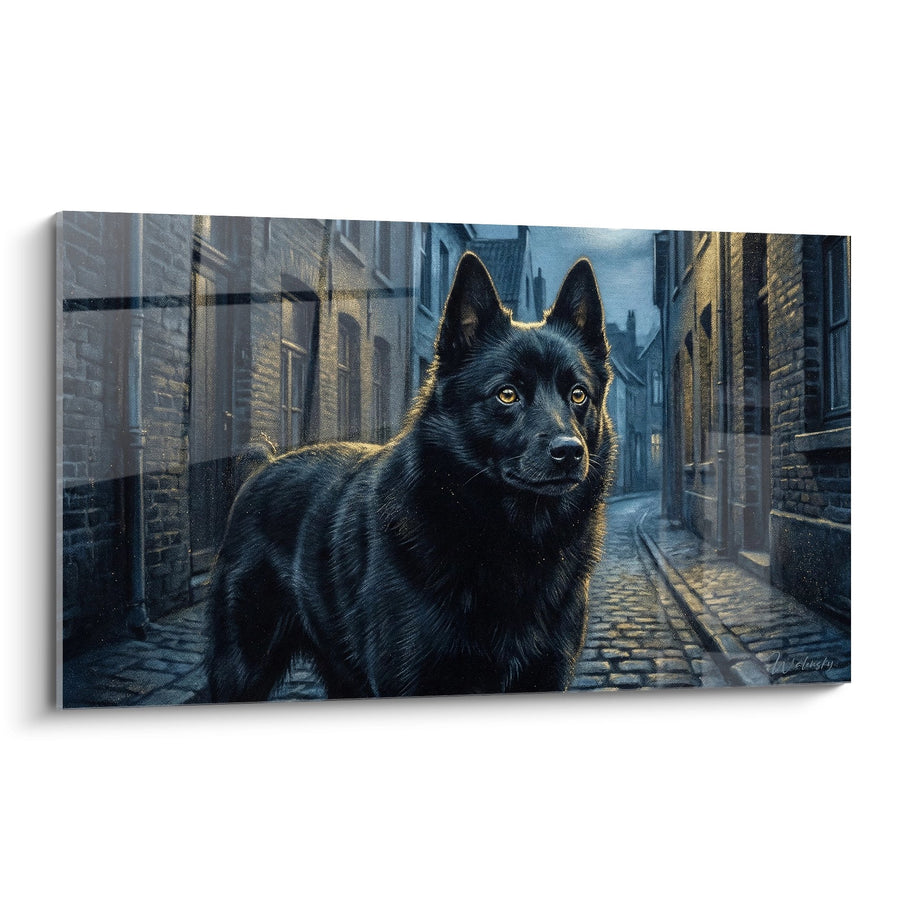 Tableau Schipperke aux Yeux Dorés dans Venelle Pavée Européenne - Sentinelle Nocturne - Edition Schipperke