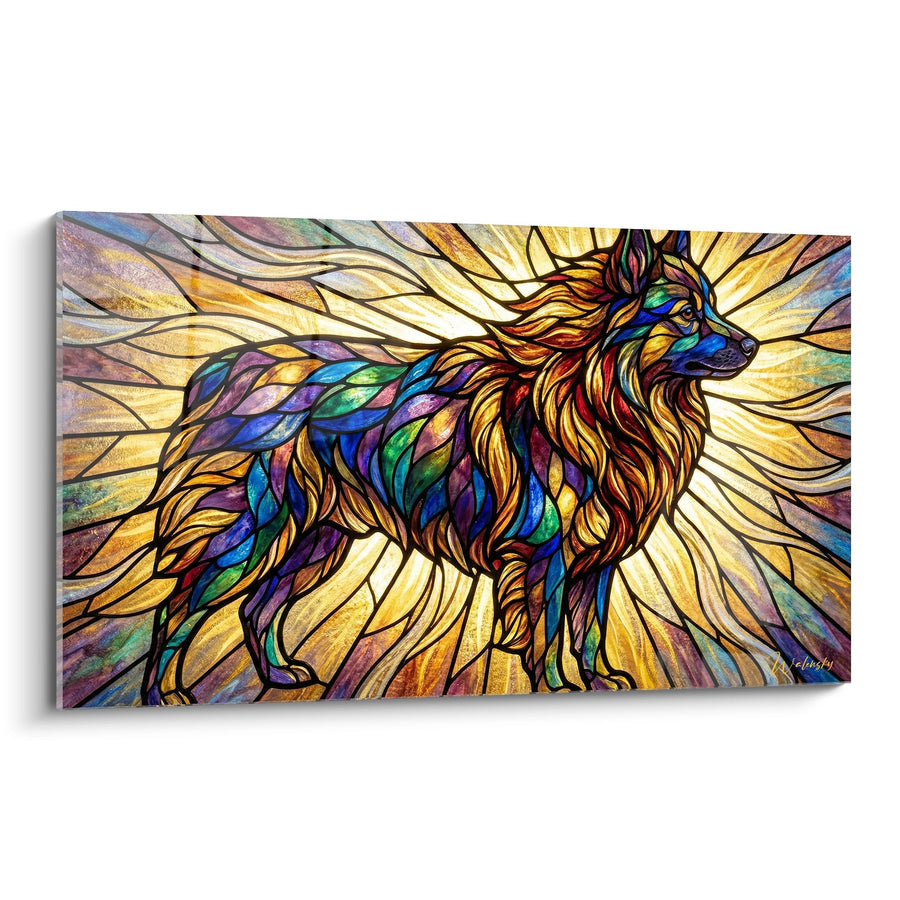 Tableau Schipperke aux couleurs arc-en-ciel dans un art vitrail lumineux - Lumière Kaléidoscope - Edition Schipperke