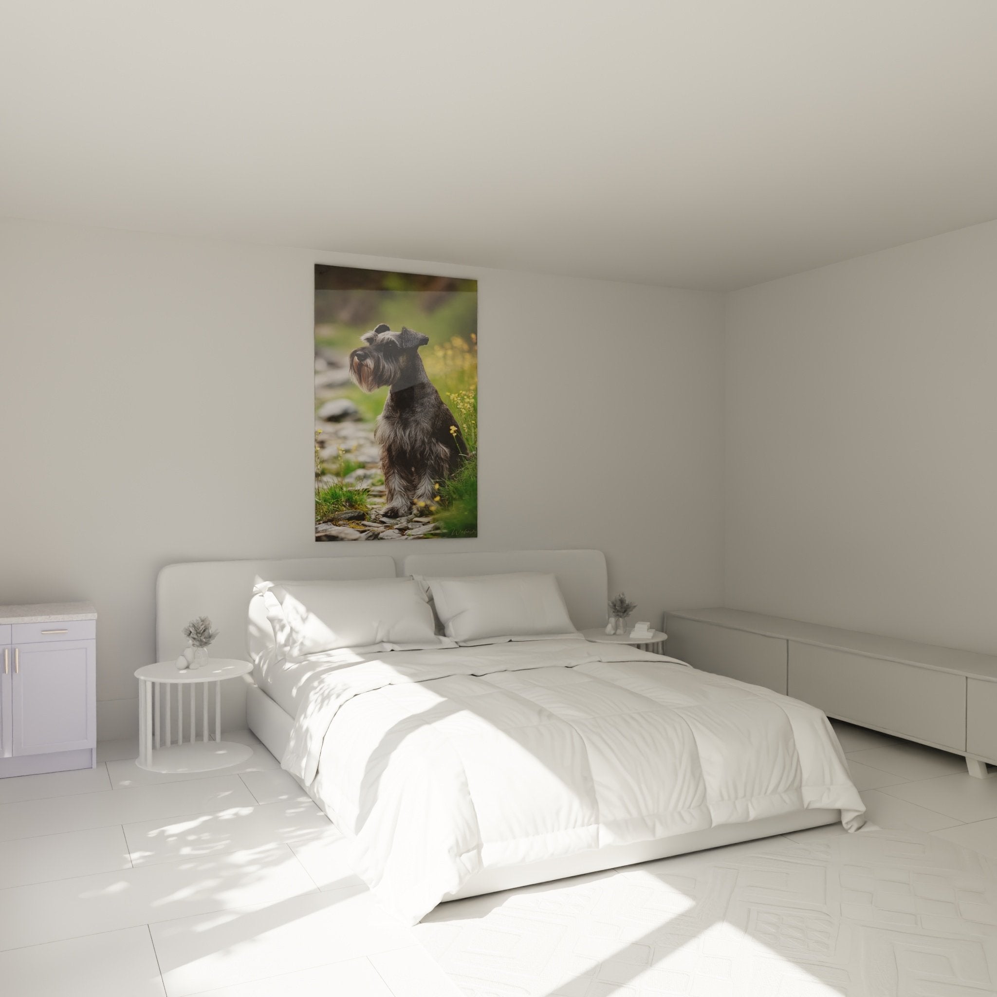 Tableau Schnauzer gris dans chambre moderne, décoration murale élégante avec portrait canin sur chemin fleuri