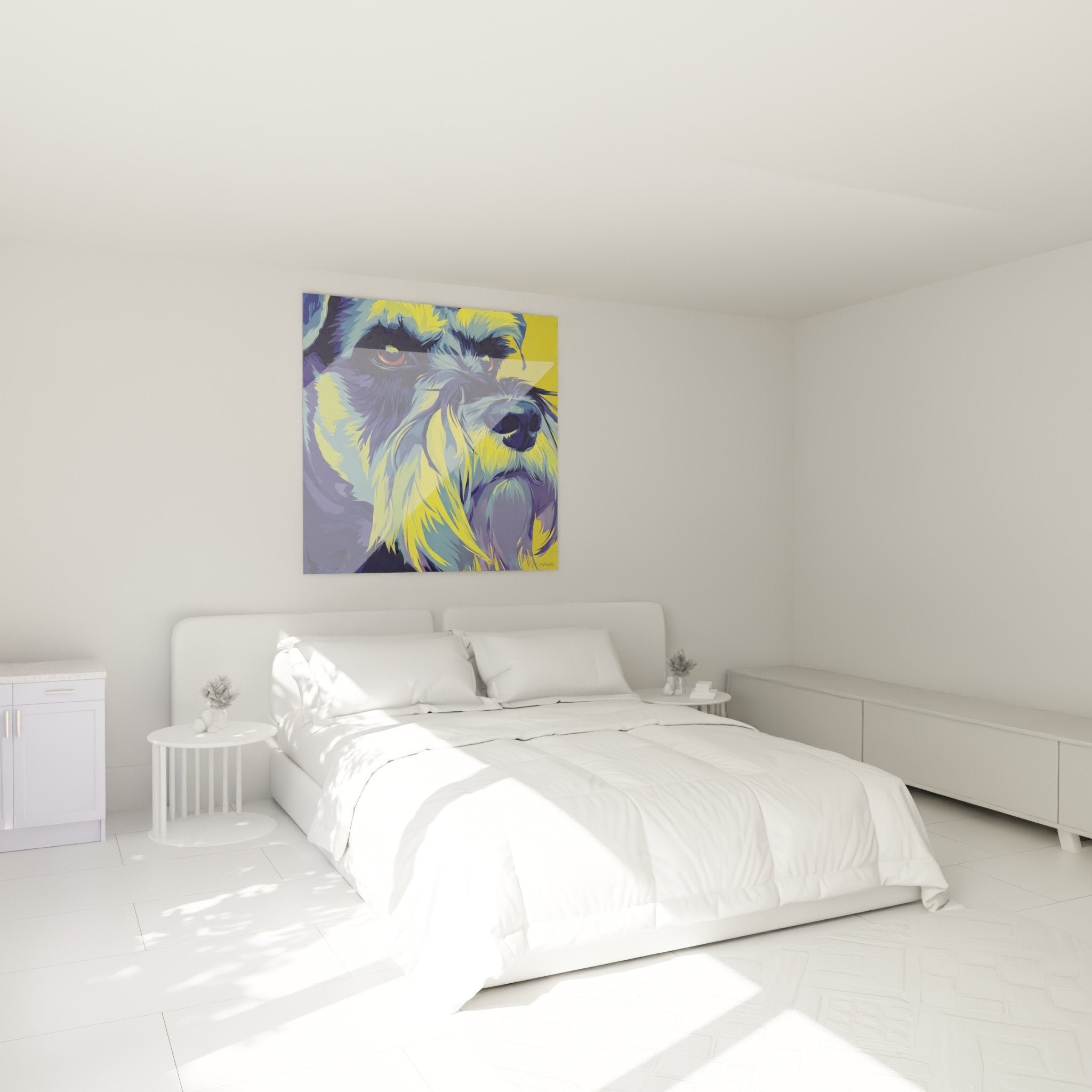 Tableau schnauzer coloré dans chambre moderne, décoration murale artistique tons bleus jaunes