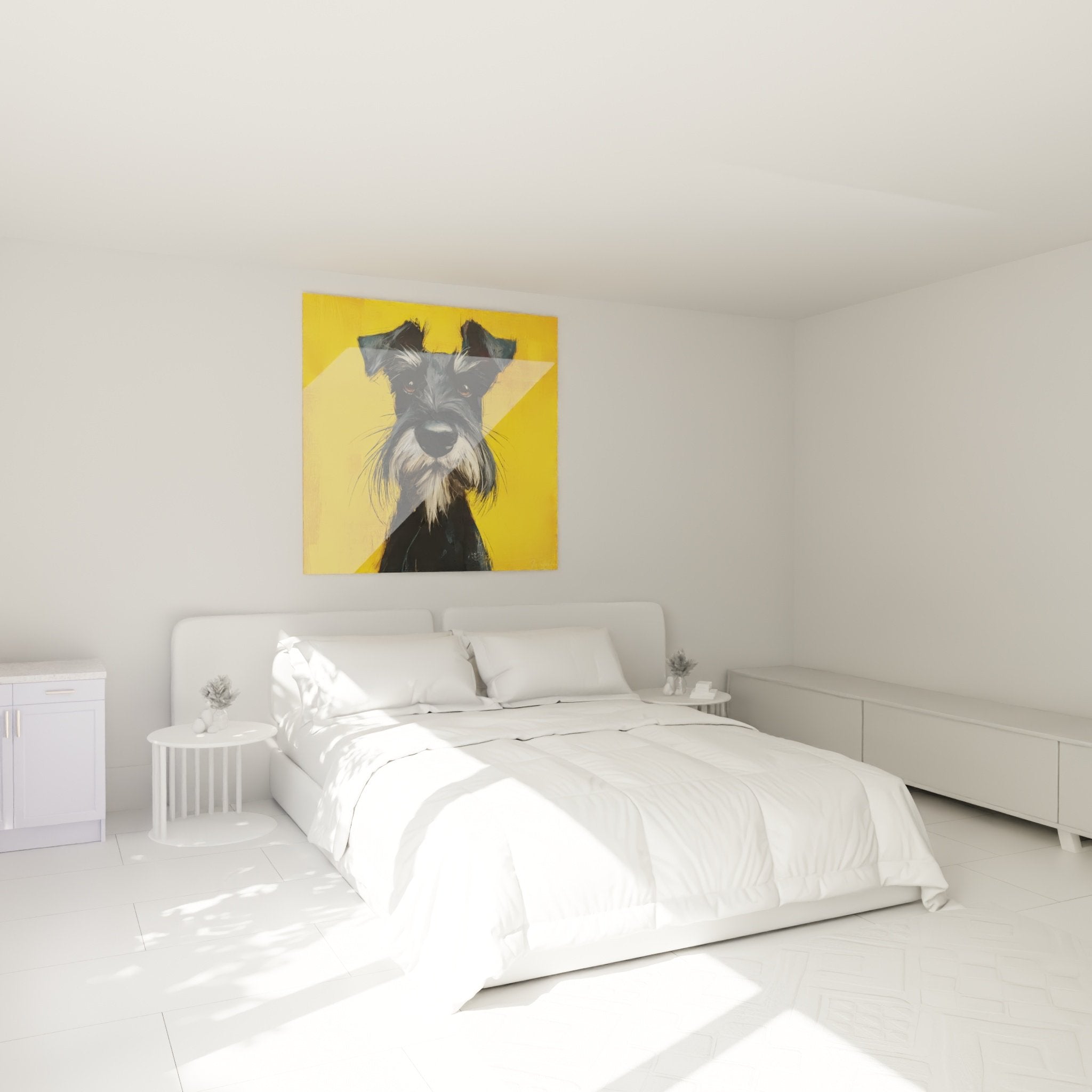 Tableau Schnauzer gris fond jaune accroche dans chambre moderne decoration murale chien portrait artistique