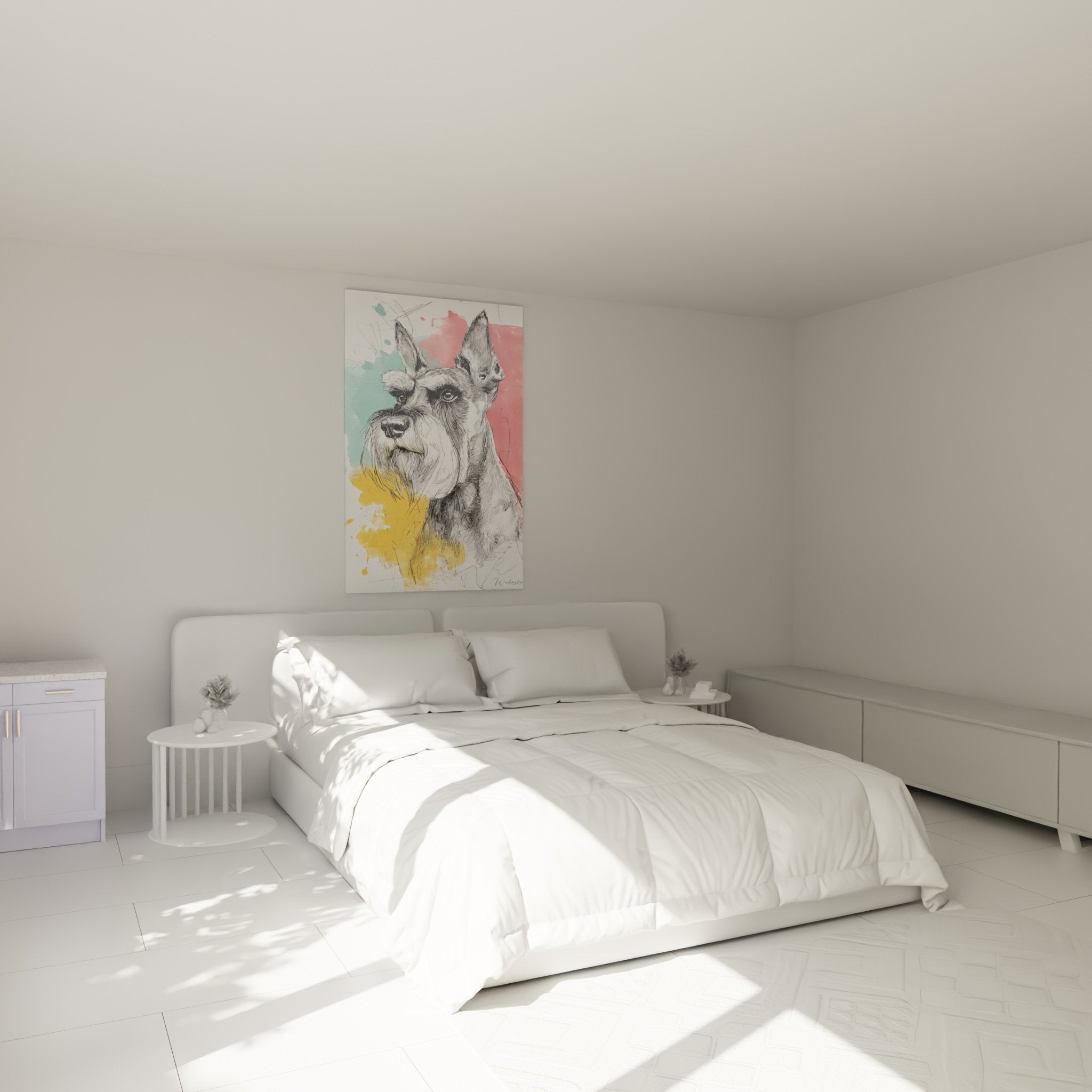 Tableau Schnauzer aquarelle colorée accroché au mur d'une chambre moderne décoration murale chien