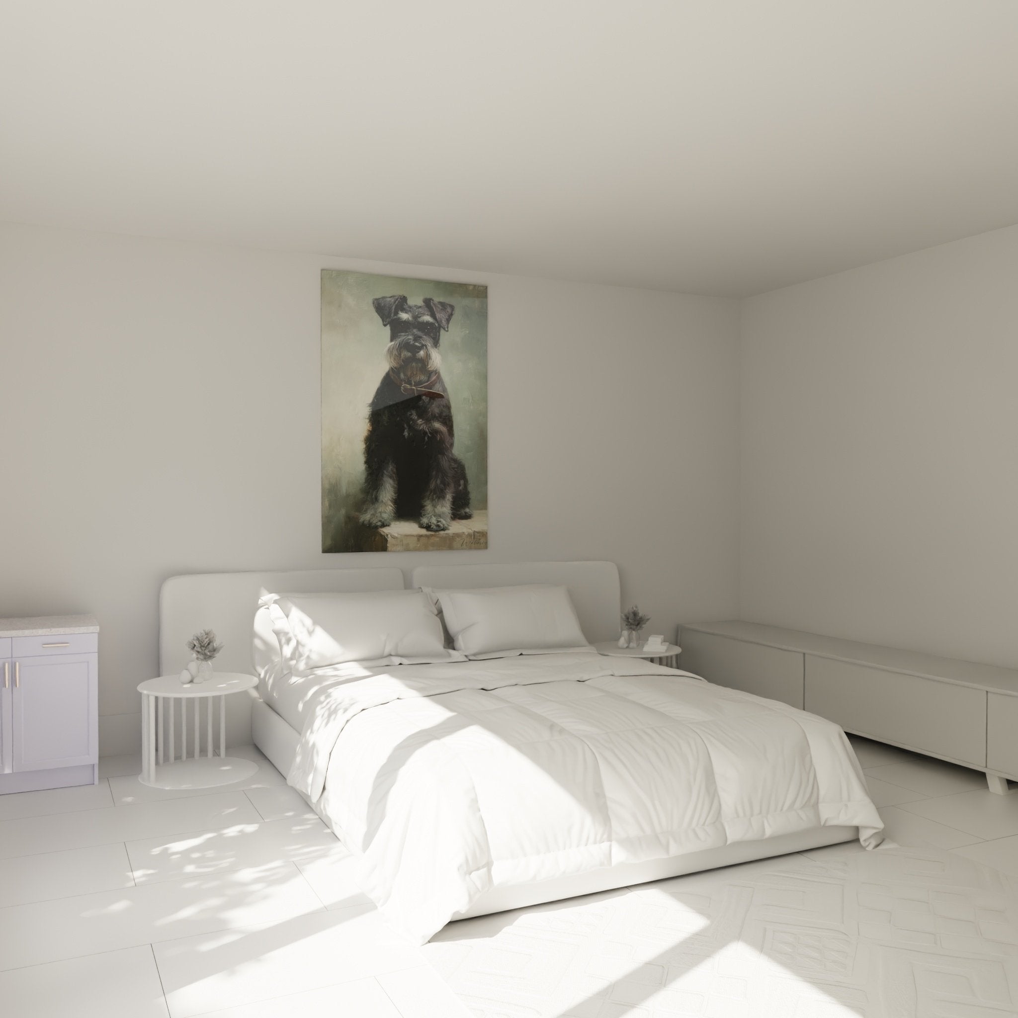Tableau Schnauzer gris dans chambre moderne, portrait canin au-dessus du lit avec décoration contemporaine