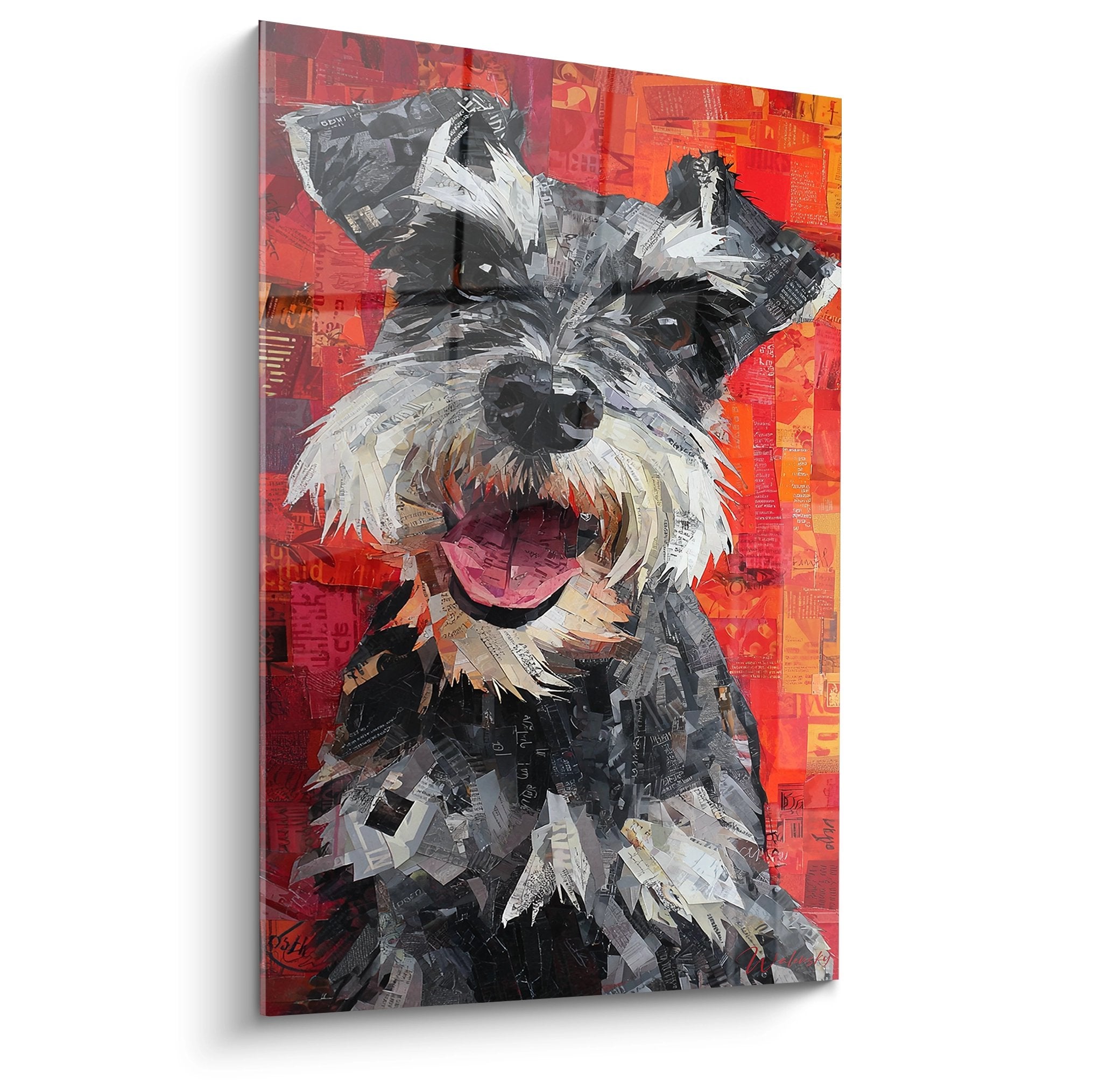 Portrait moderne de Schnauzer en technique collage journal sur fond rouge orange eclatant, art contemporain canin