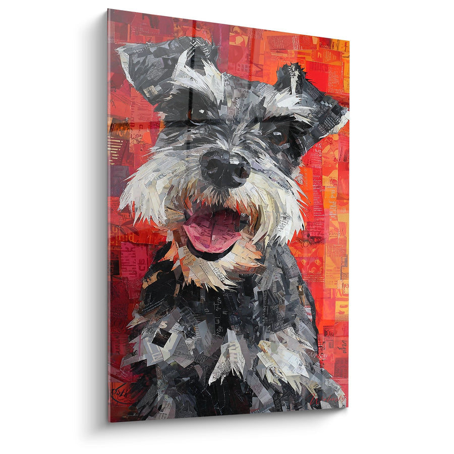 Tableau Schnauzer Collage Journal Fond Rouge Orange - Portrait Canin Moderne - Edition Schnauzer