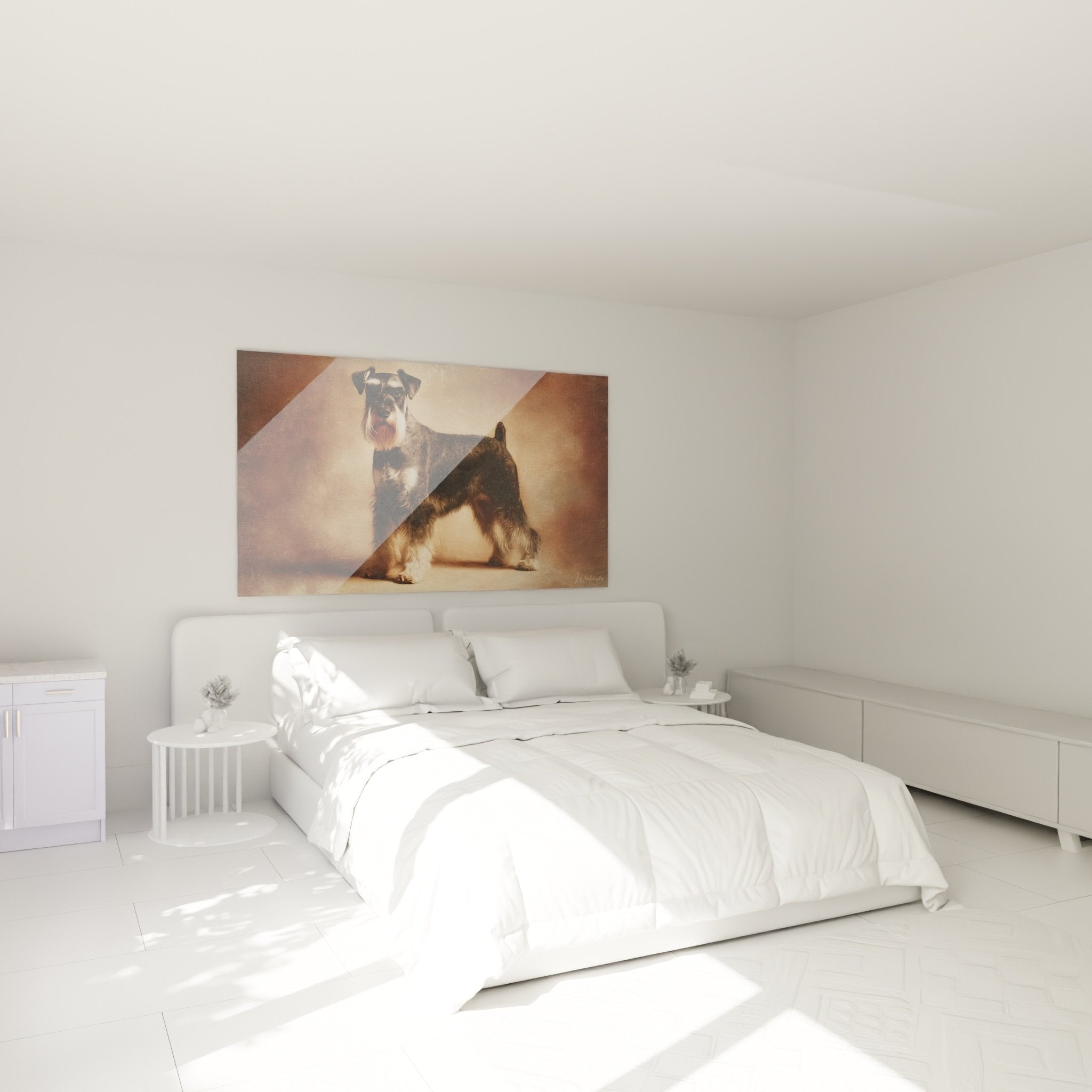 Tableau Schnauzer portrait élégant installé au-dessus d'un lit dans chambre moderne aux tons neutres
