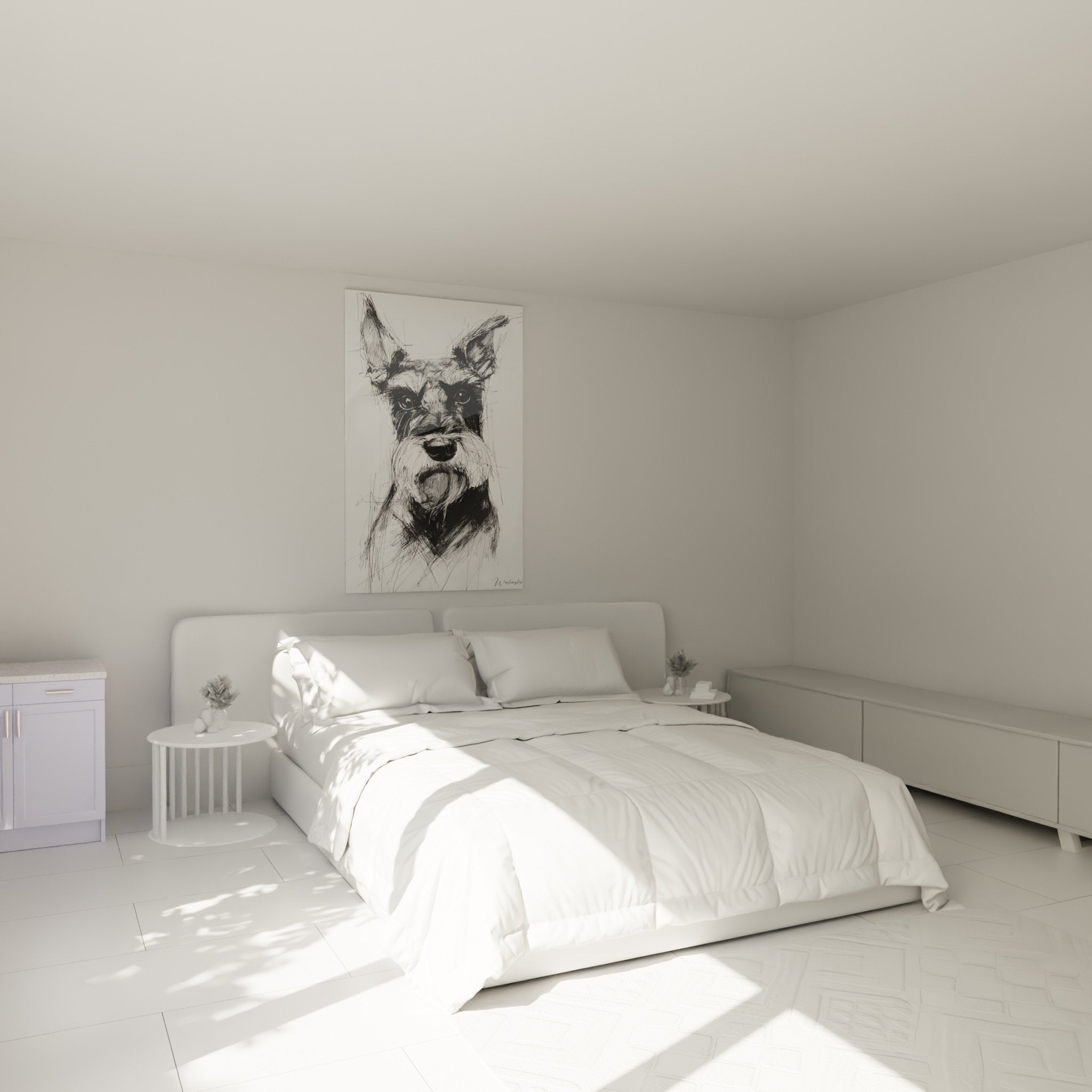 Tableau portrait Schnauzer esquisse decoration chambre mur blanc style contemporain
