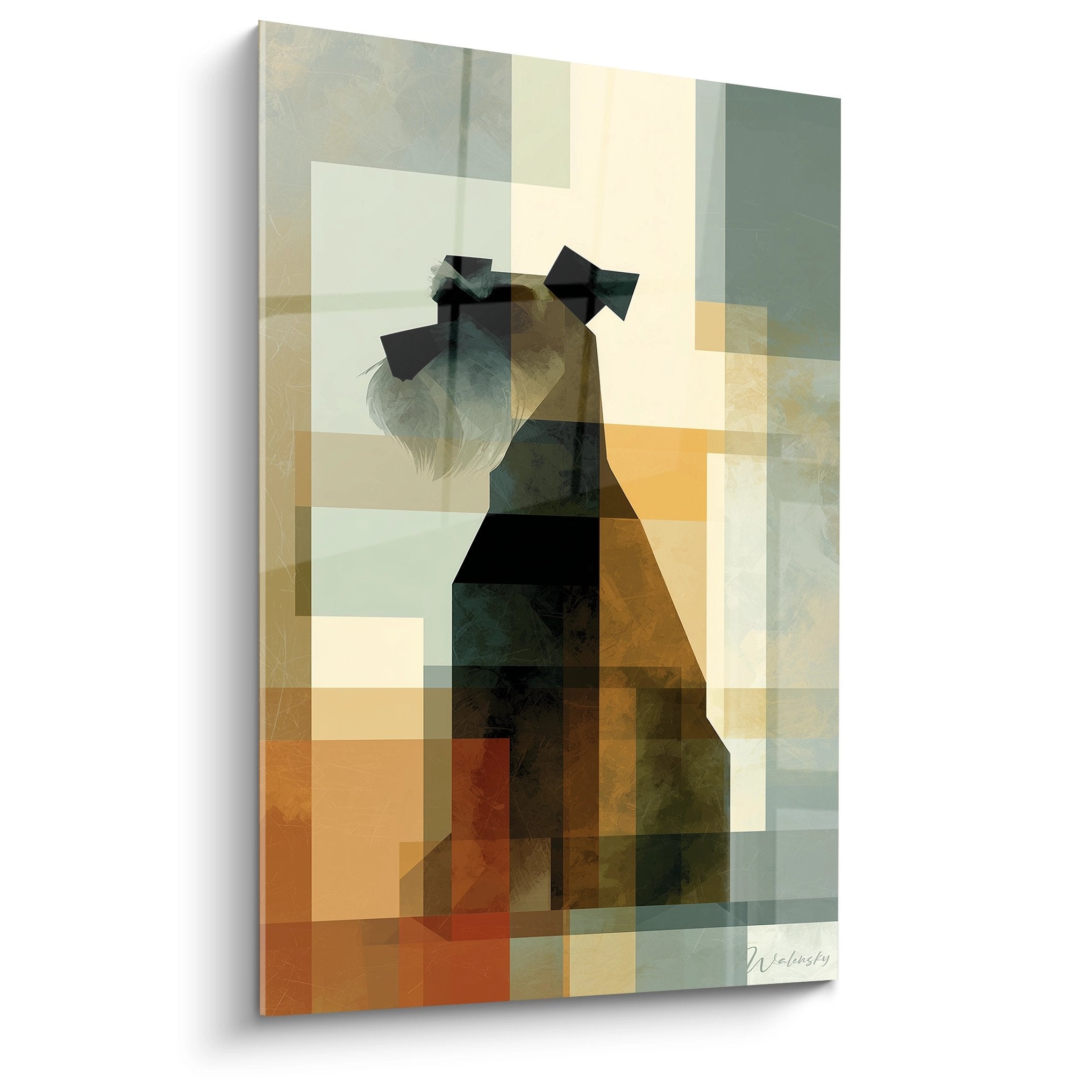 Tableau abstrait geometrique schnauzer mosaique coloree tons orange vert art mural moderne