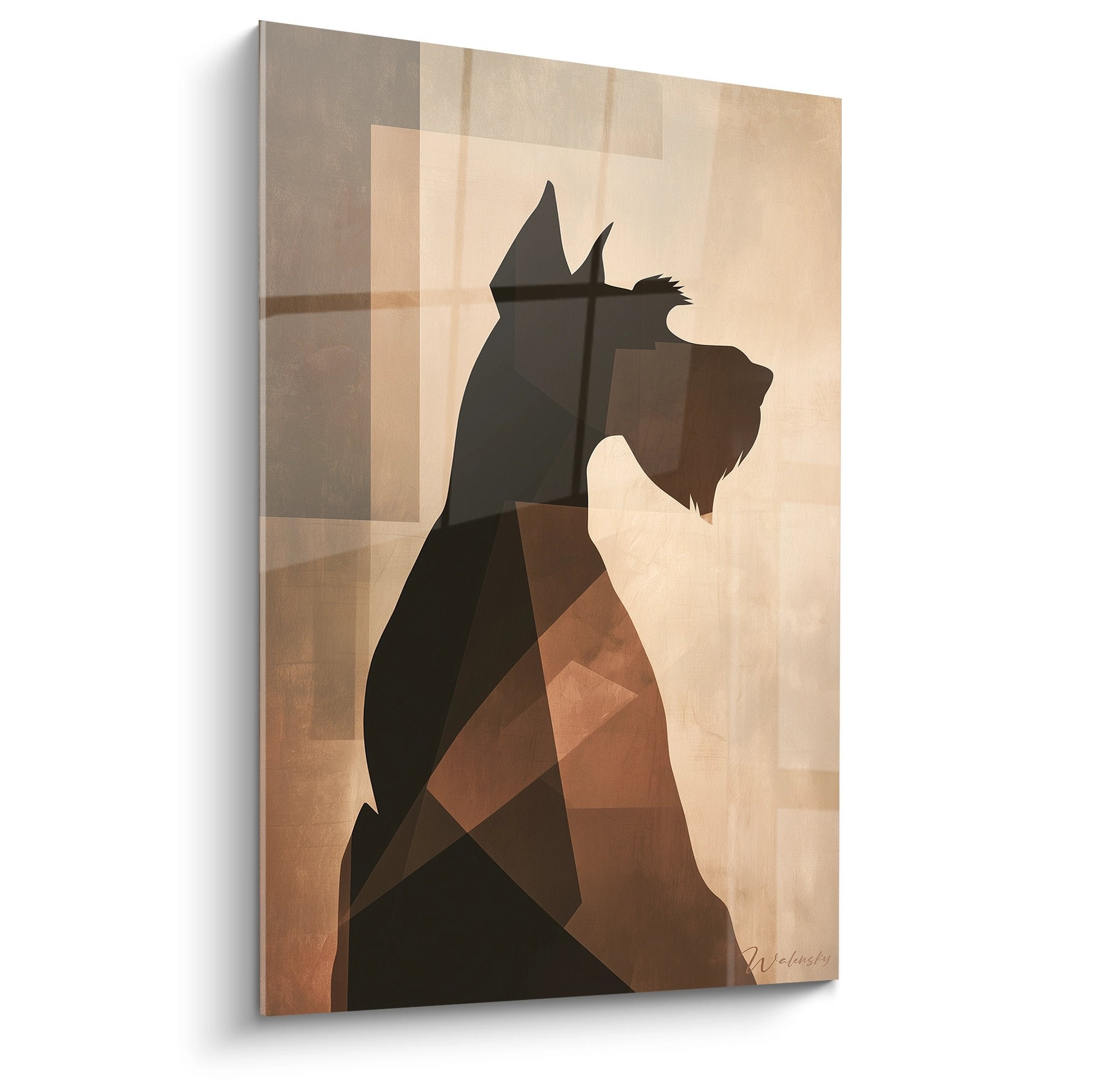 Portrait de Schnauzer en style cubiste géométrique aux tons ocre dorés et beiges sur fond translucide moderne