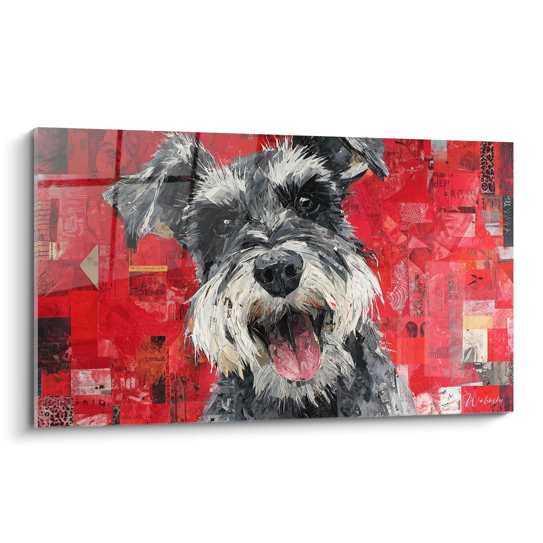 Tableau portrait Schnauzer gris sur fond rouge collage art contemporain chien expressif langue sortie