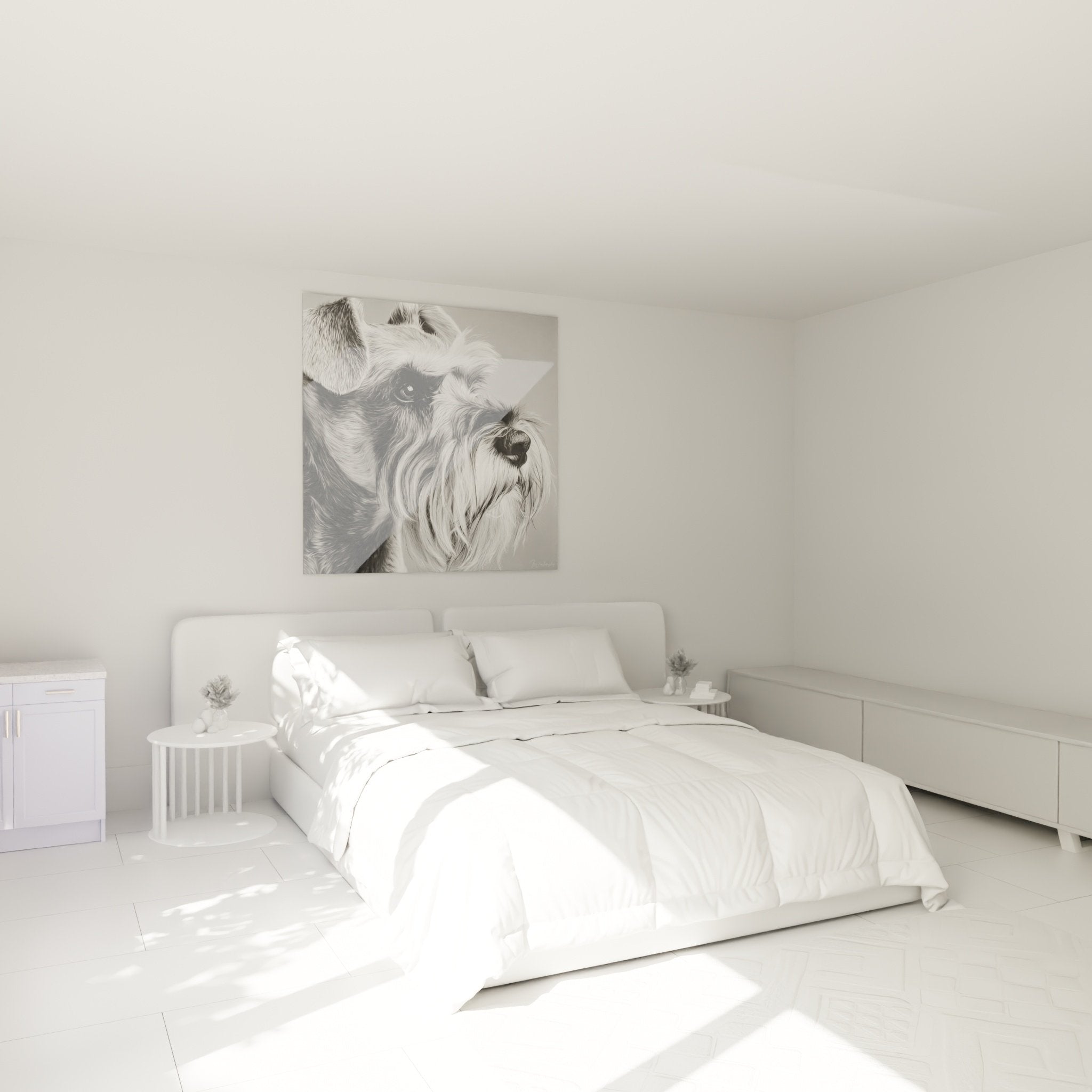 Tableau portrait Schnauzer noir blanc dans chambre moderne avec décoration minimaliste