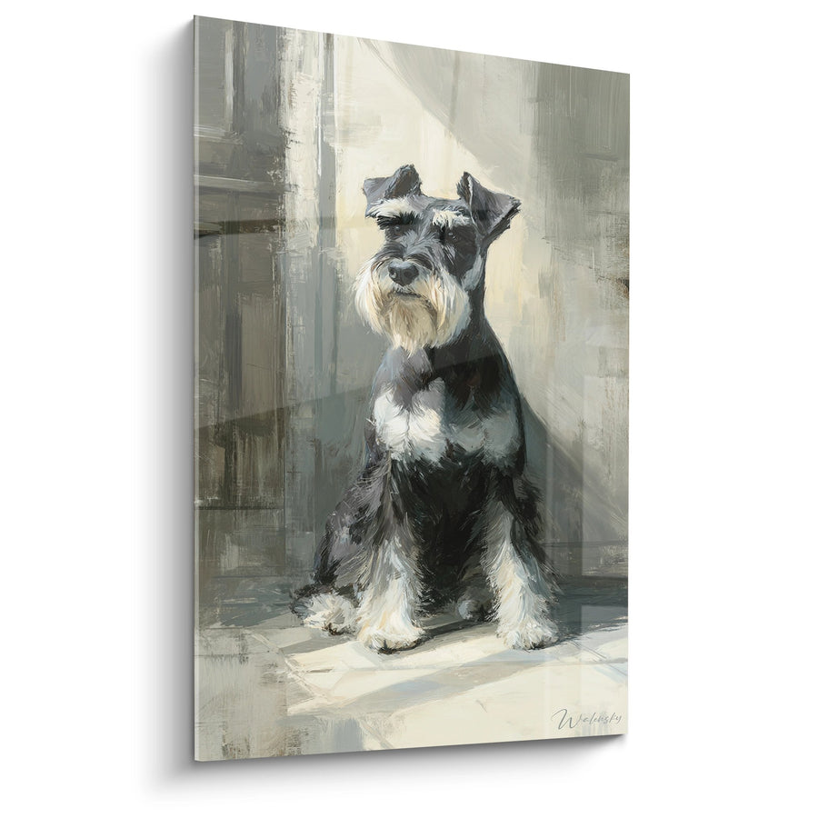 Obraz Schnauzer Siedzący Tło Abstrakcyjne Szare - Portret psa Wyrazisty - Edycja Schnauzer