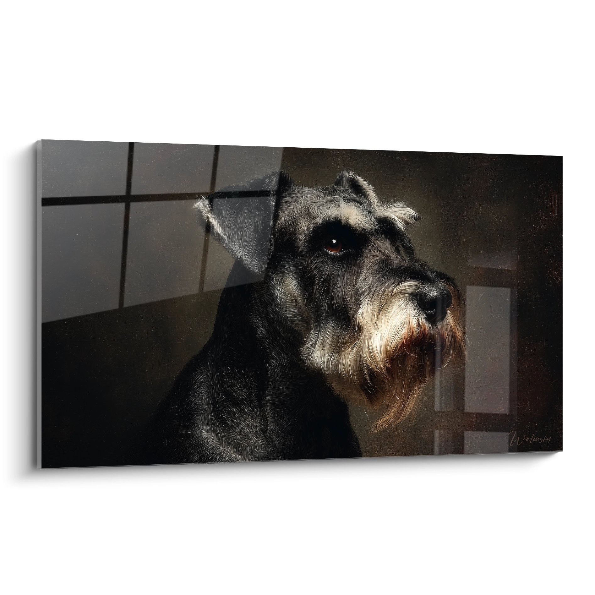 Portrait artistique Schnauzer gris noir yeux dorés sur fond sépia, tableau mural art canin élégant
