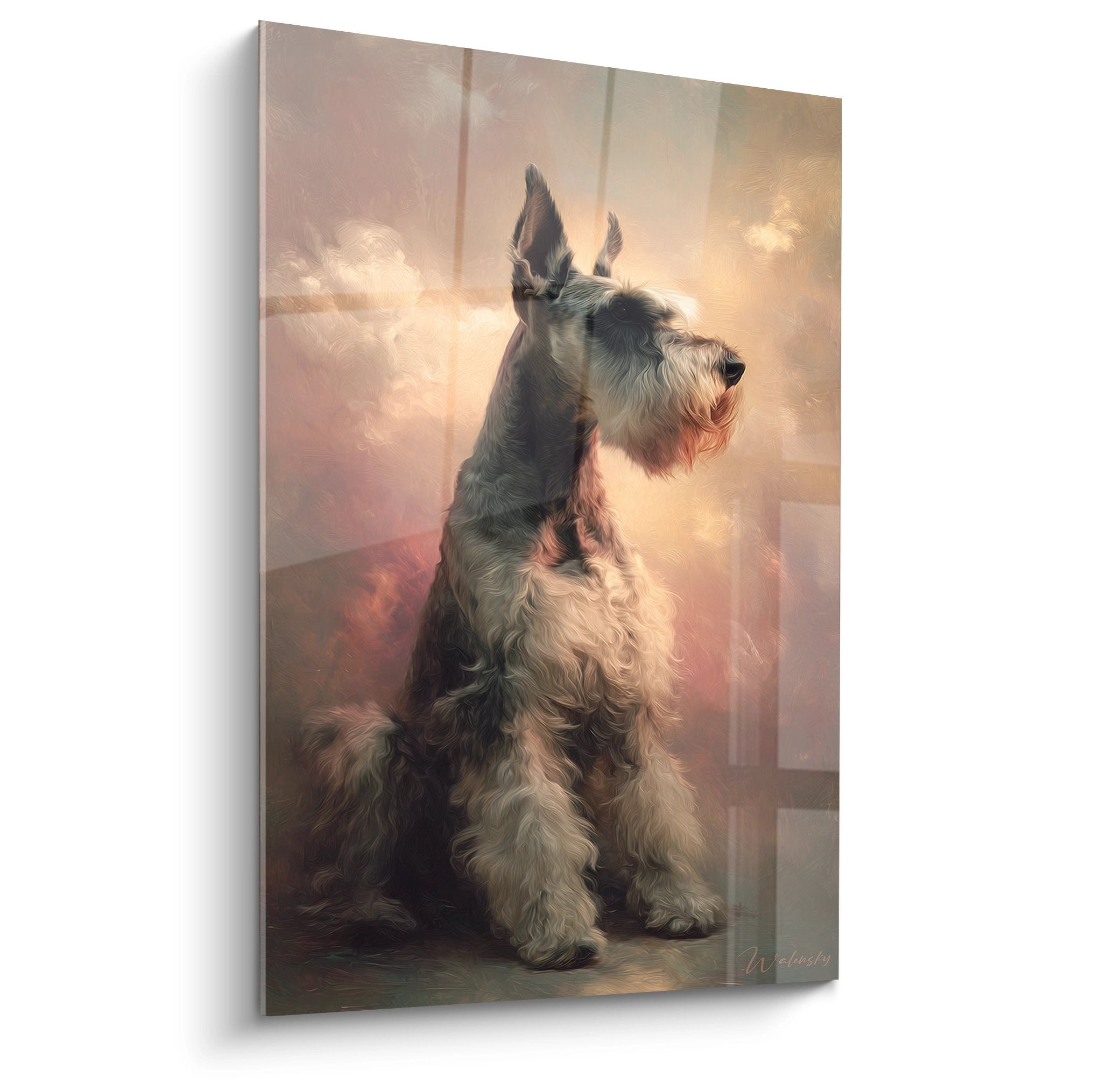 Portrait artistique schnauzer gris blanc fond rose dore style classique tableau mural