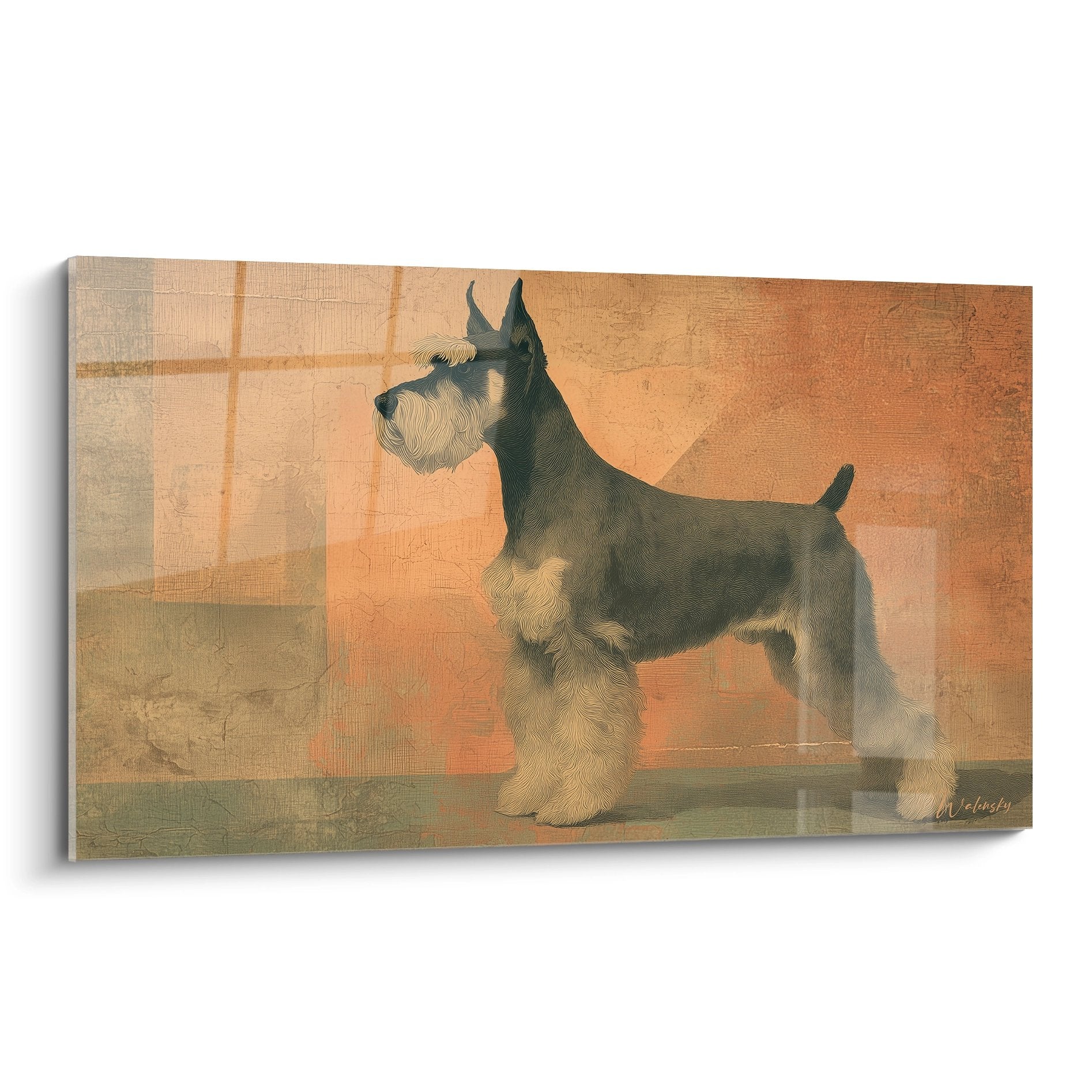 Tableau mural représentant un Schnauzer au pelage gris et beige sur fond orangé chaleureux en pose noble