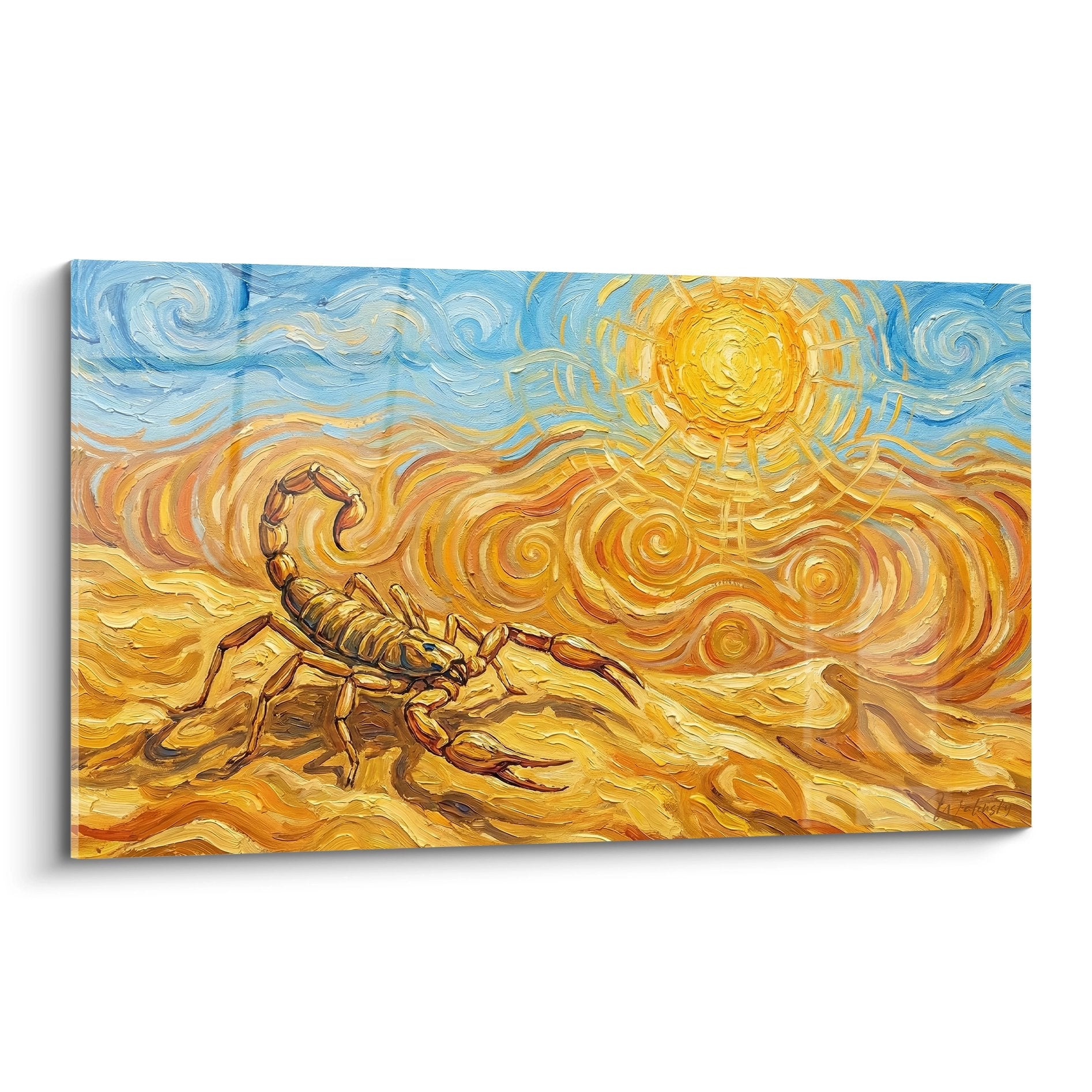 Goldenes Skorpion-Gemälde auf wirbelnden gelben Dünen, blauer Himmel, Spiralen, strahlende Sonne, postimpressionistischer Stil