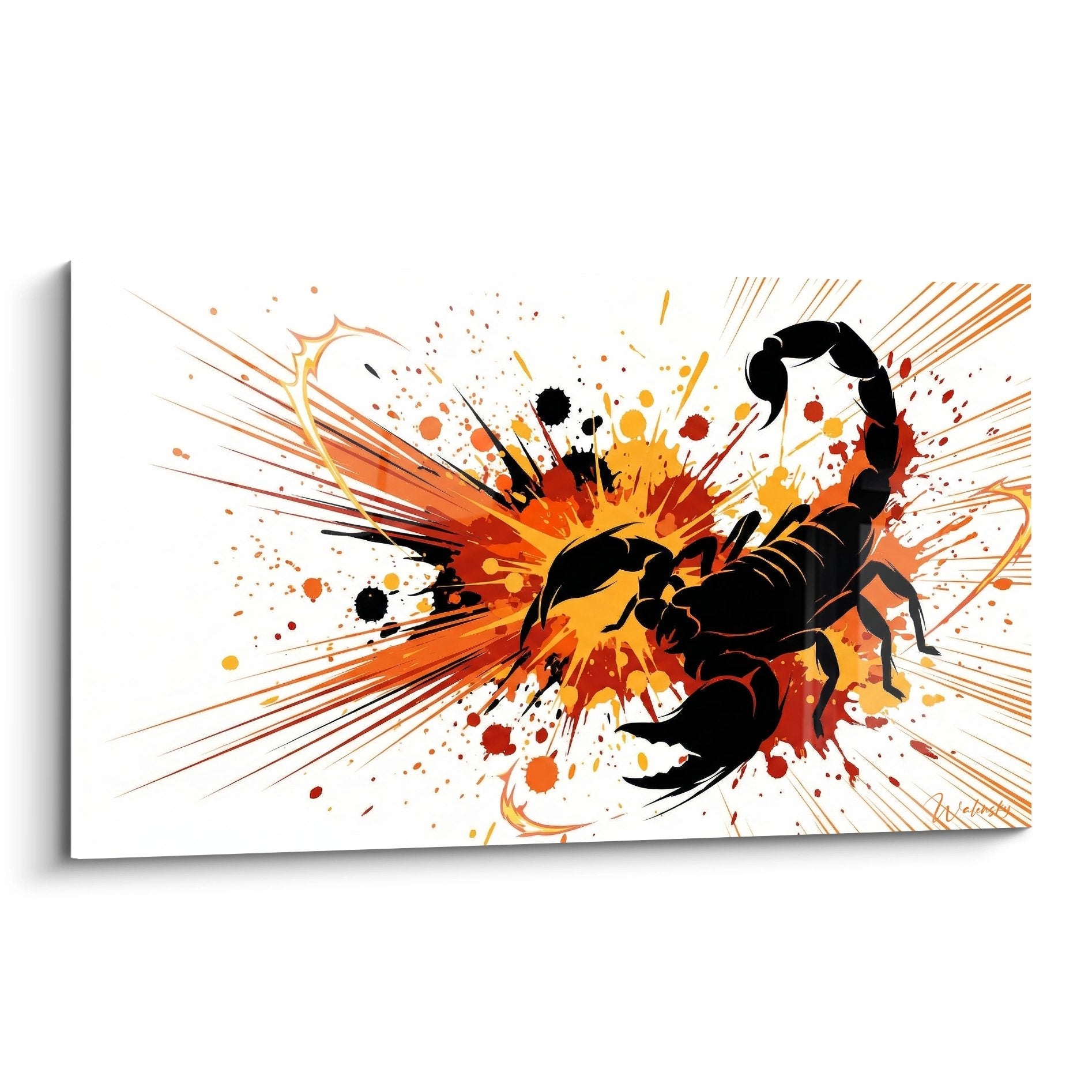 Schwarzes Skorpion-Gemälde auf orangeroter Explosion mit Lichtstrahlen und Farbspritzern auf weißem Hintergrund