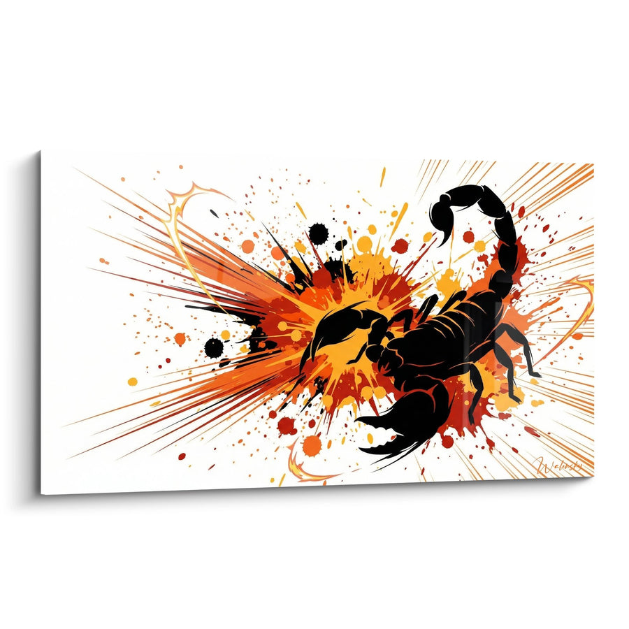 Tableau Scorpion Noir sur Explosion de Couleurs Oranges et Rouges - Puissance Sauvage - Edition Scorpion