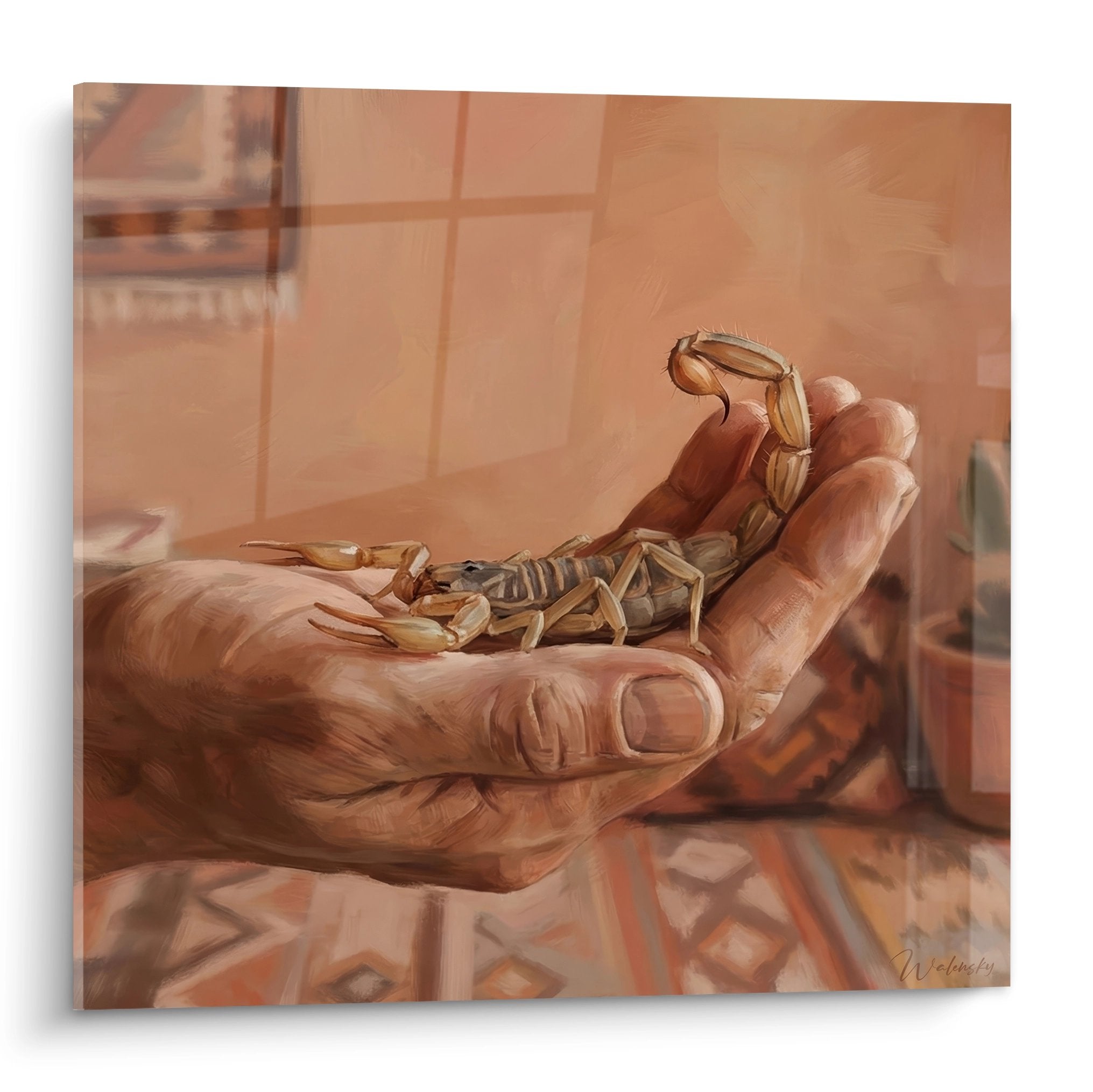 Goldener Skorpion Kunstdruck in menschlicher Hand Ockertöne warme Atmosphäre Scorpion Edition