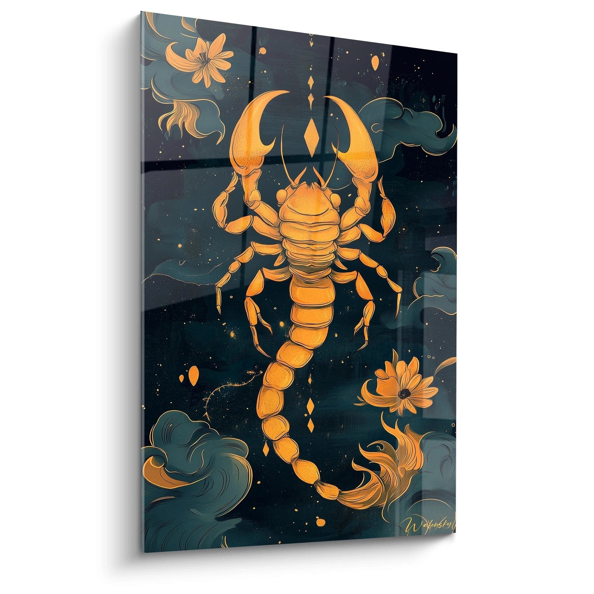 Un tableau scorpion aux tons orangés brillants sur fond bleu-vert profond, représentant l'animal en vue de dessus avec des pinces déployées et des fleurs dorées aux coins, créant un contraste saisissant avec des textures lisses et brillantes.
