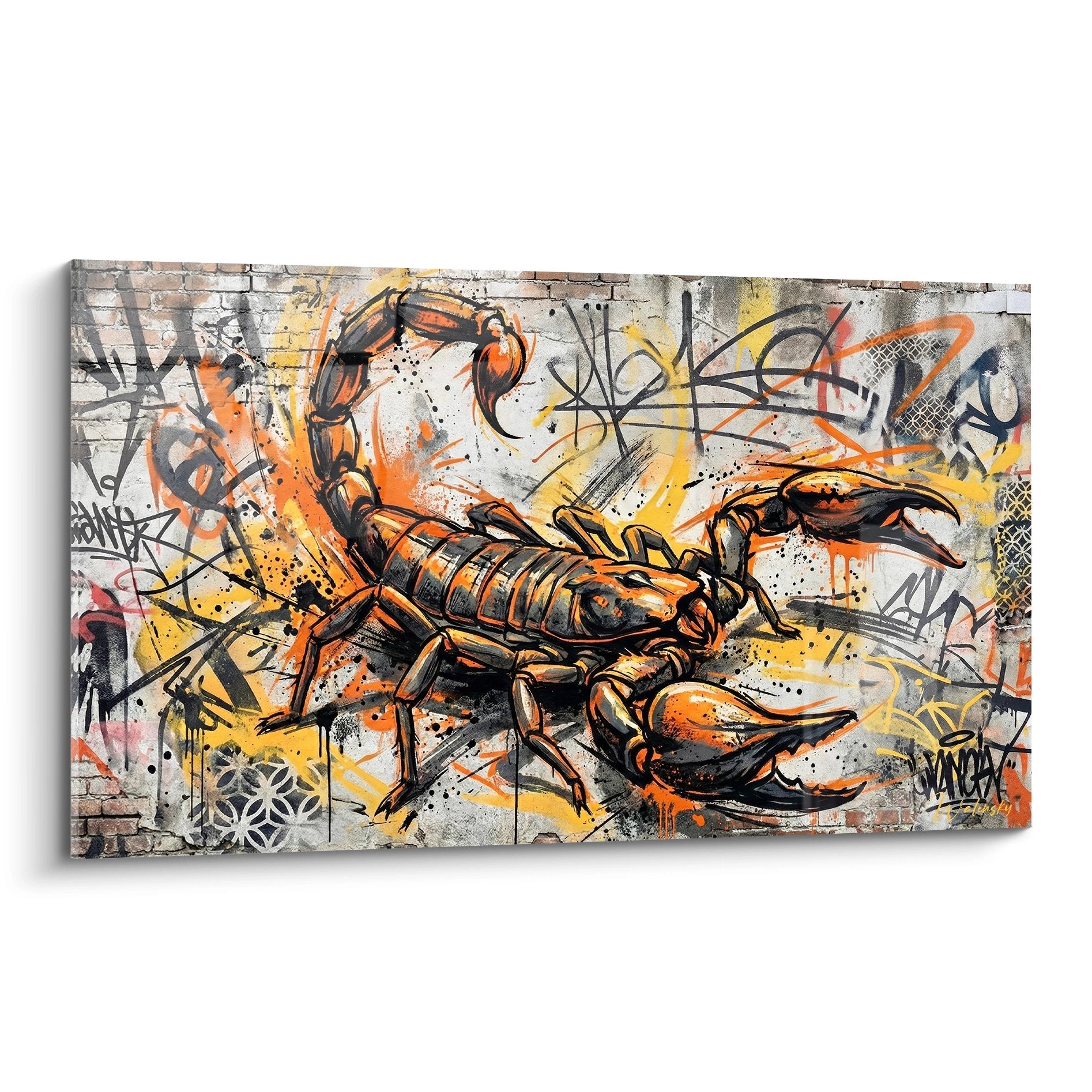 Oranges Skorpion-Kunstwerk mit erhobenen Scheren auf mehrfarbigem urbanen Graffiti-Hintergrund zeitgenössischer Street-Art-Stil