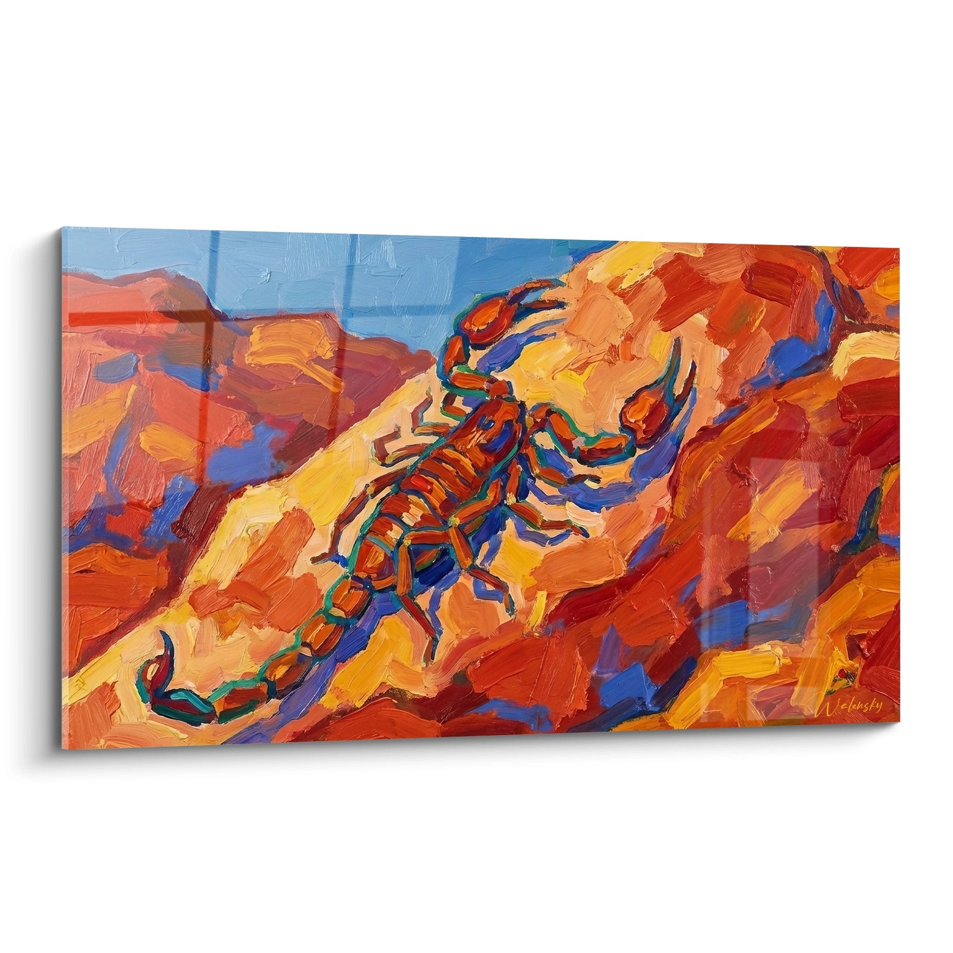 modernes Skorpion Gemälde expressionistische Malerei Orange- und Blautöne felsiger Hintergrund zeitgenössische Kunst