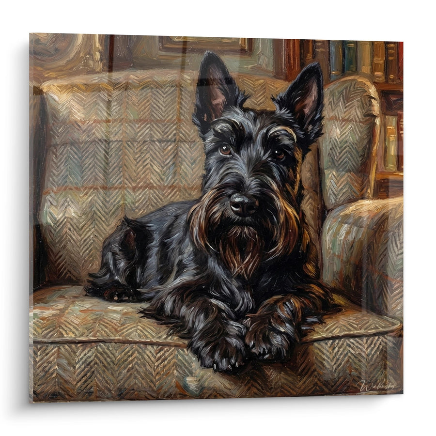 Tableau Chien Noir et Gris dans Fauteuil de Bibliothèque - Lecture Aristocratique - Edition Scottish Terrier
