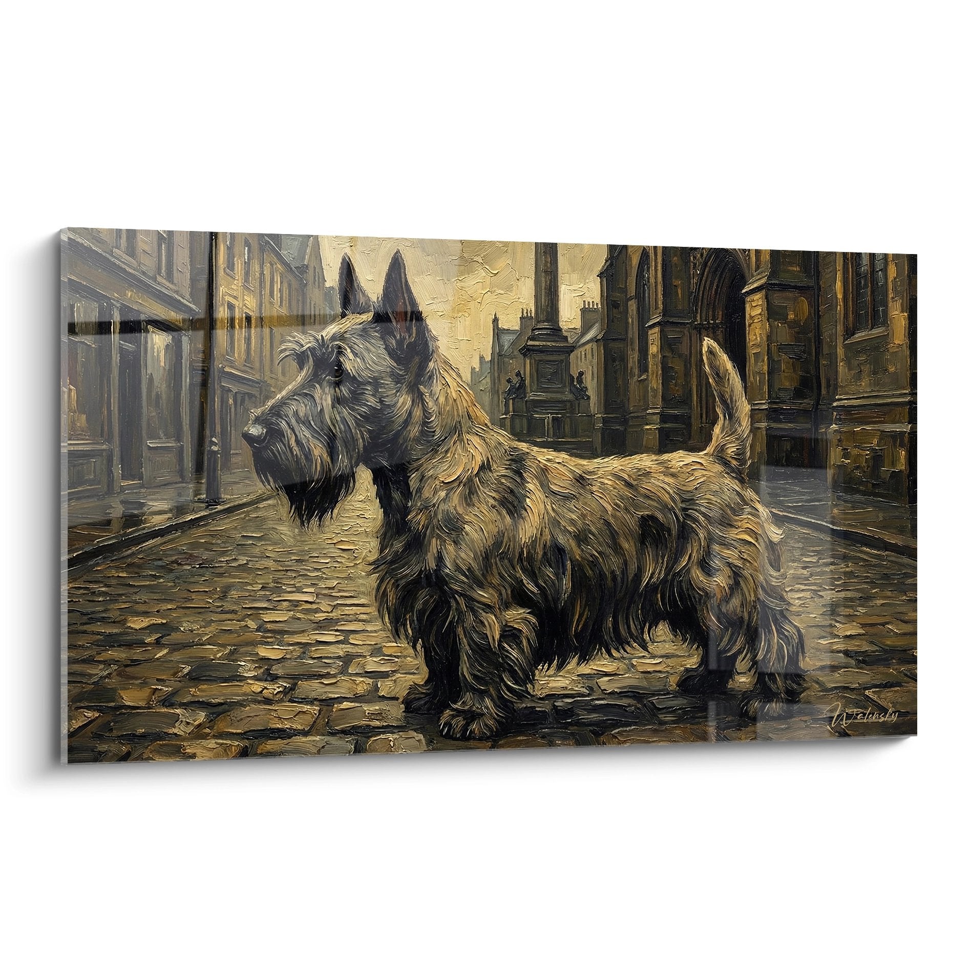 Tableau Scottish Terrier gris dans rue pavee gothique peinture artistique decoration murale canine