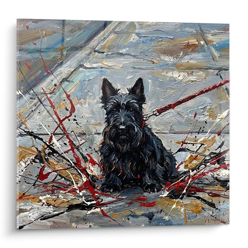 Gemälde Schwarzer Scottish Terrier auf abstraktem mehrfarbigem Hintergrund - Künstlerische Explosion - Scottish Terrier Edition