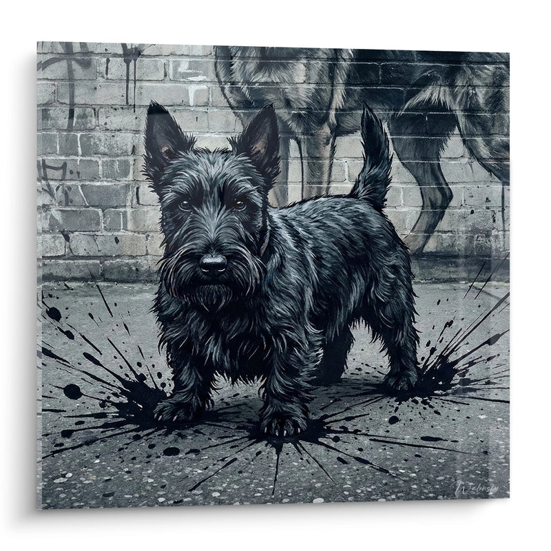 Scottish Terrier Schwarz an Backsteinwand - Urban Highlights - Scottish Terrier Edition