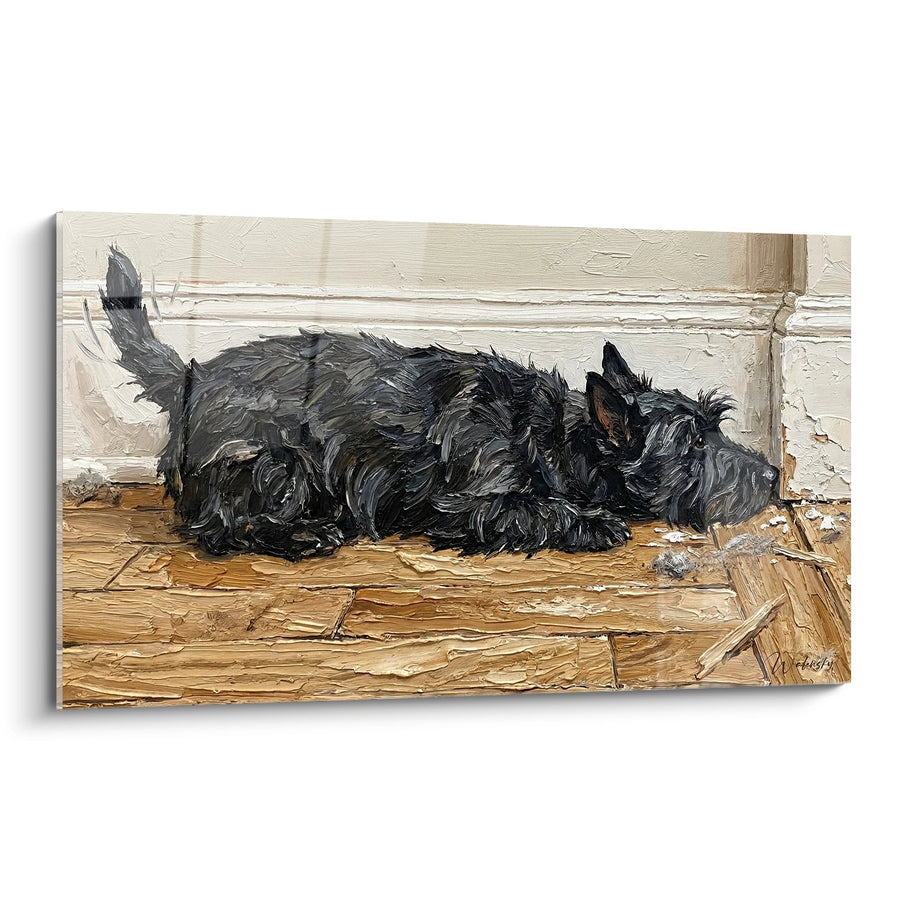 Tableau Chien Noir Endormi sur Parquet - Repos Paisible - Edition Scottish Terrier