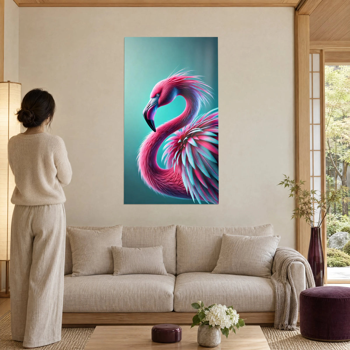 Quadro fenicottero scultoreo, piume magenta e turchesi su sfondo verde petrolio, sopra un divano in un soggiorno luminoso