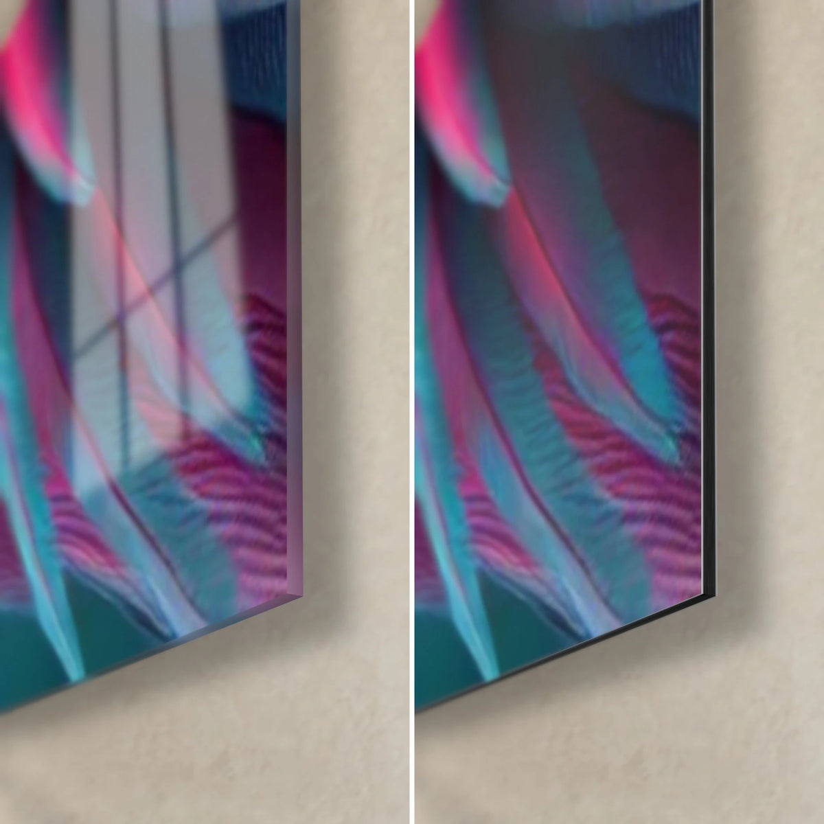 Quadro uccello trampoliere rosa, piume magenta e ciano in primo piano, vetro acrilico lucido a sinistra, alluminio Dibond opaco, bordo da 3 mm